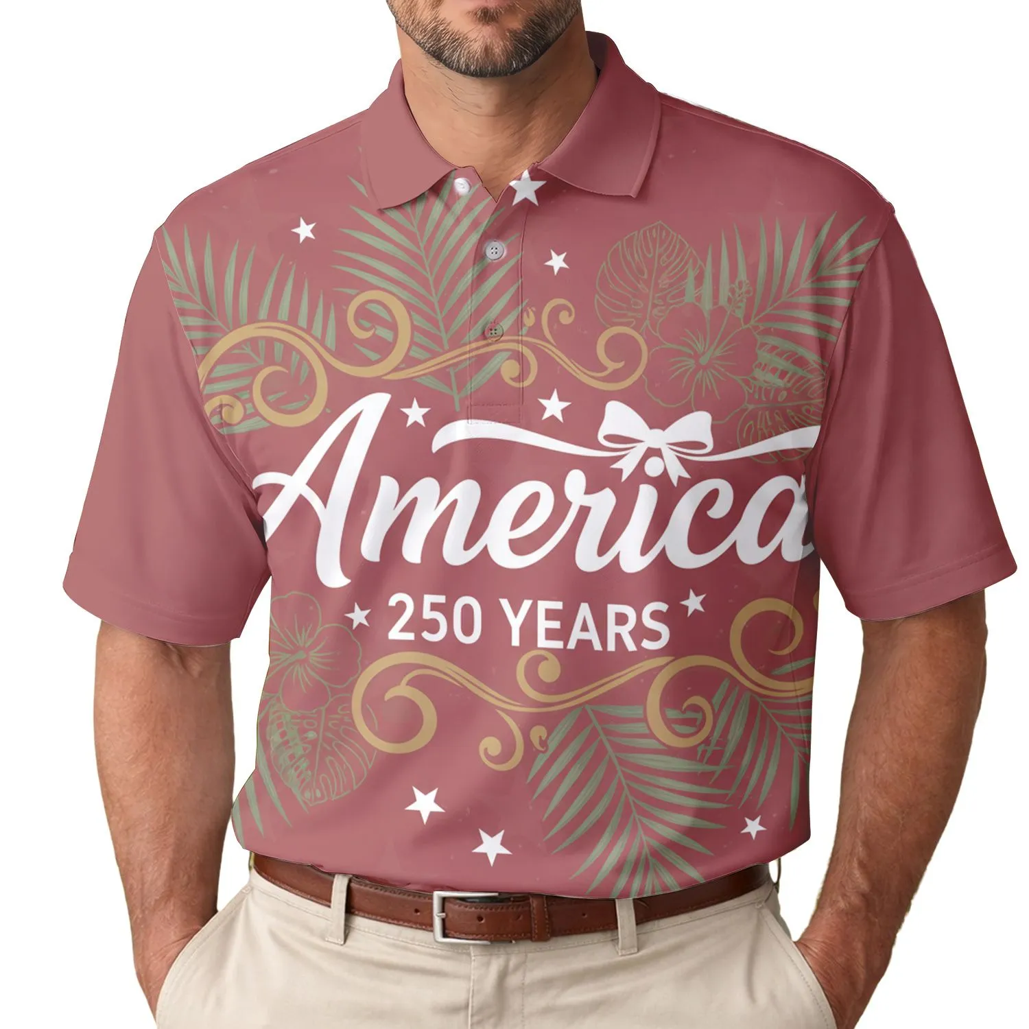 America 250th Anniversary Crimson Red Design: Polo Script, Bow, Gold Scrollwork Men's Polo Shirt (Lightweight) - 1
