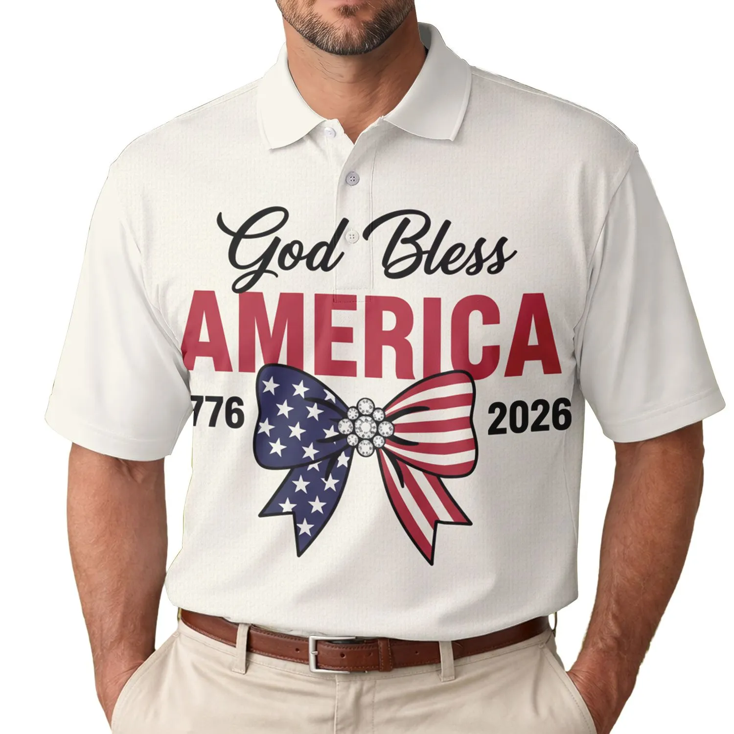 America 250th Anniversary God Bless AMERICA 1776-2026 Patriotic Rhinestone Bow Men's Polo Shirt (Lightweight) - 1