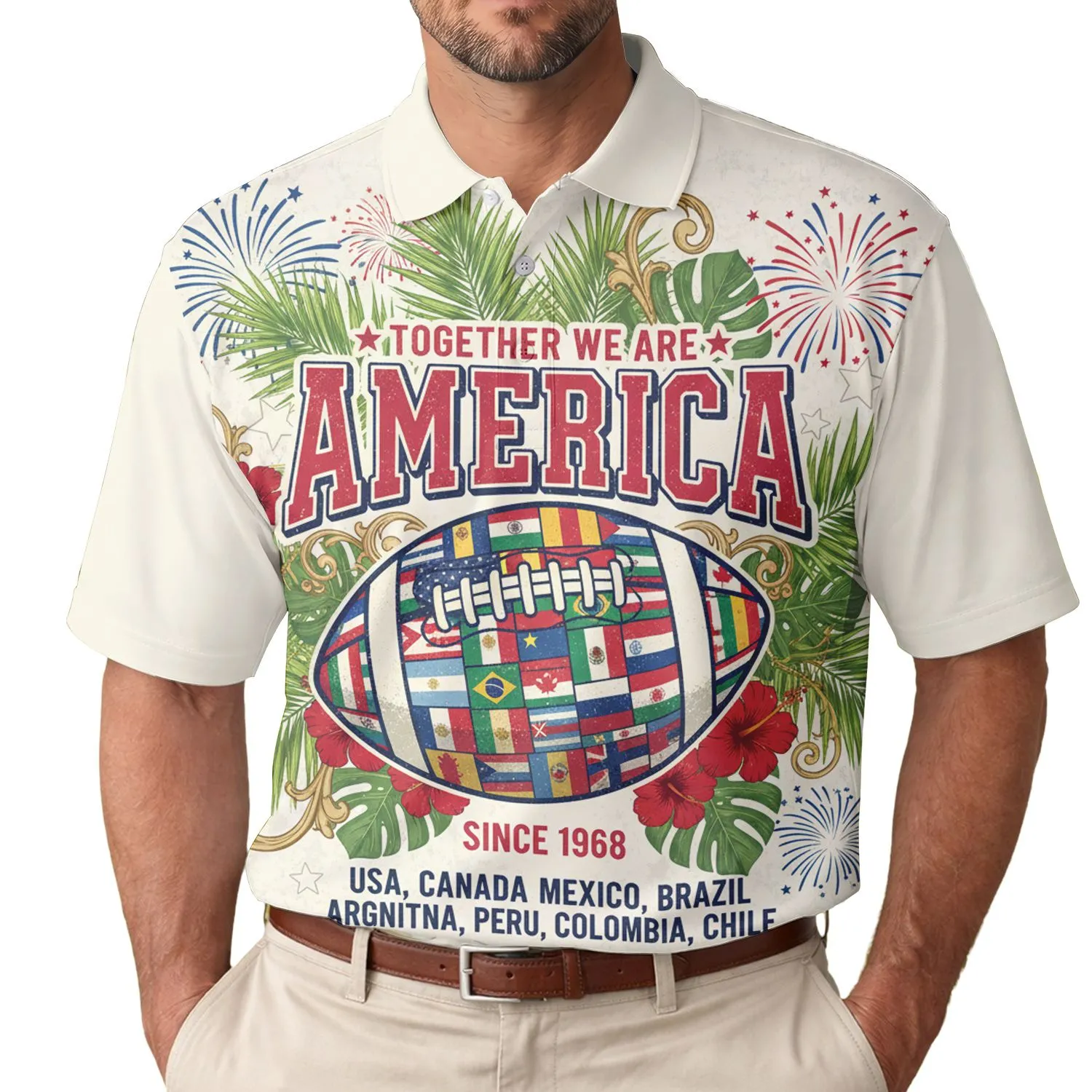 USA 250th Anniversary America Text Flag Football Tropical Palm Fronds Hibiscus Men's Polo Shirt (Lightweight) - 1