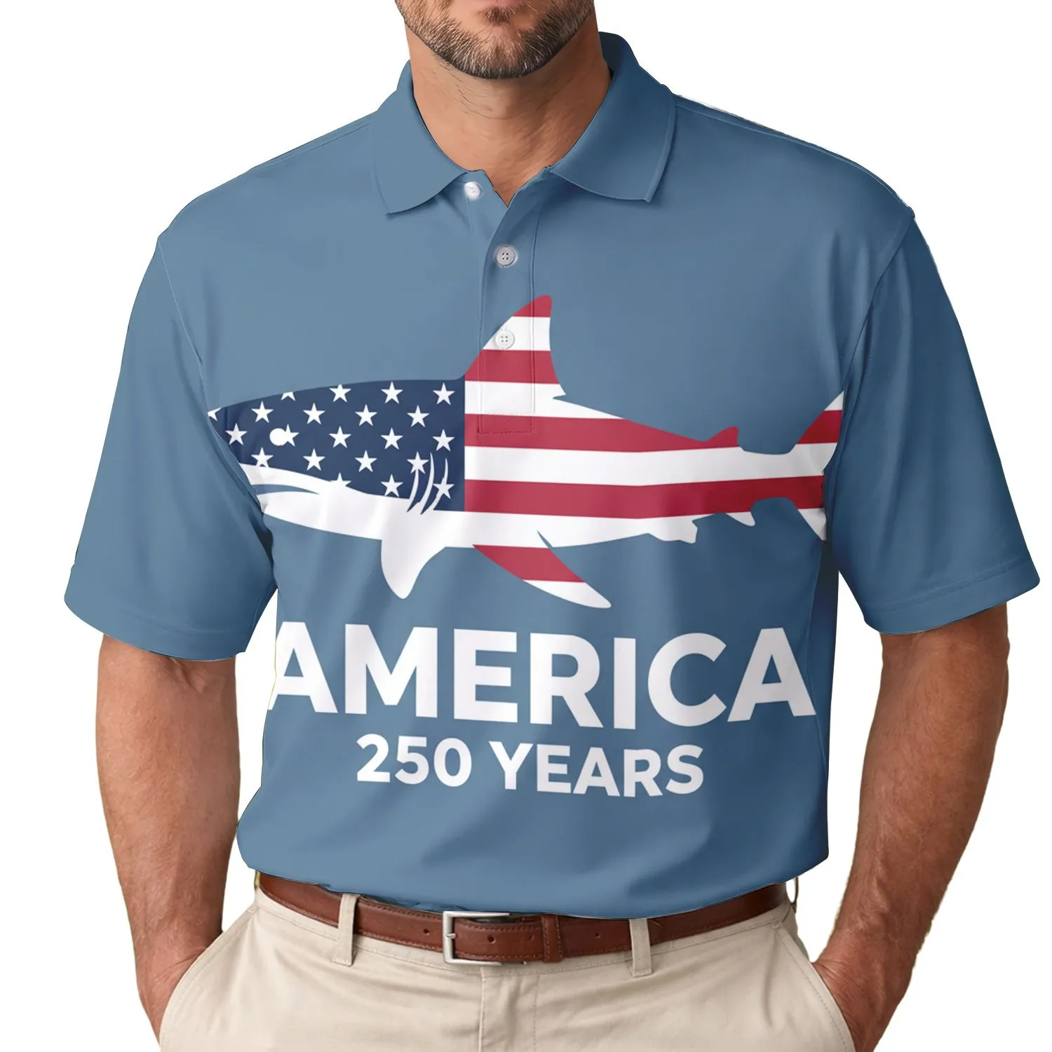 USA 250th Anniversary: Patriotic Polo Shark Flag, AMERICA 250 YEARS Men's Polo Shirt (Lightweight) - 1