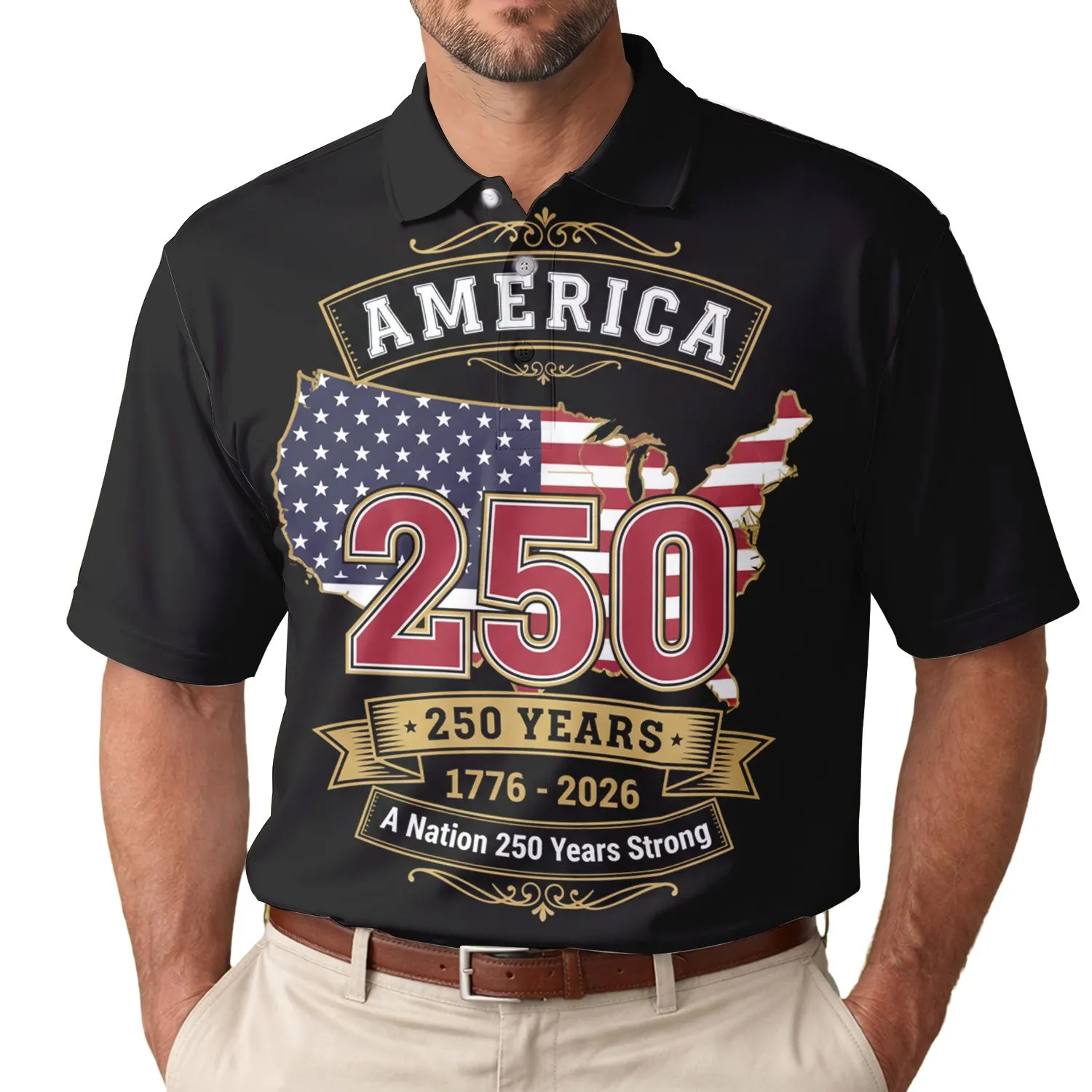 America 250th Anniversary United States Flag Map 1776-2026 Gold Scrollwork Men's Polo Shirt (Lightweight) - 1