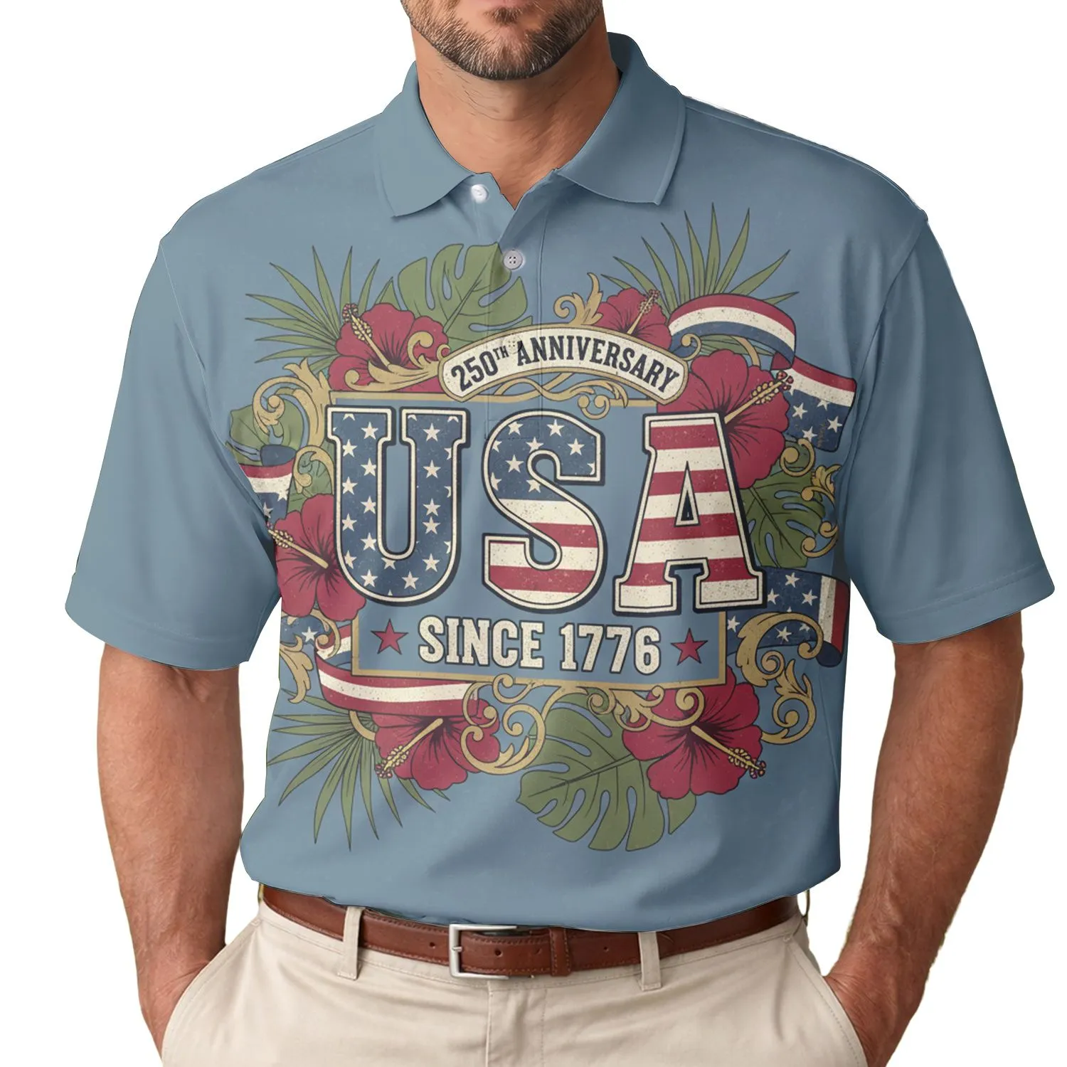 USA 250th Anniversary Est 1776 Distressed Star Stripes Hibiscus Gold Scrollwork Men's Polo Shirt (Lightweight) - 1