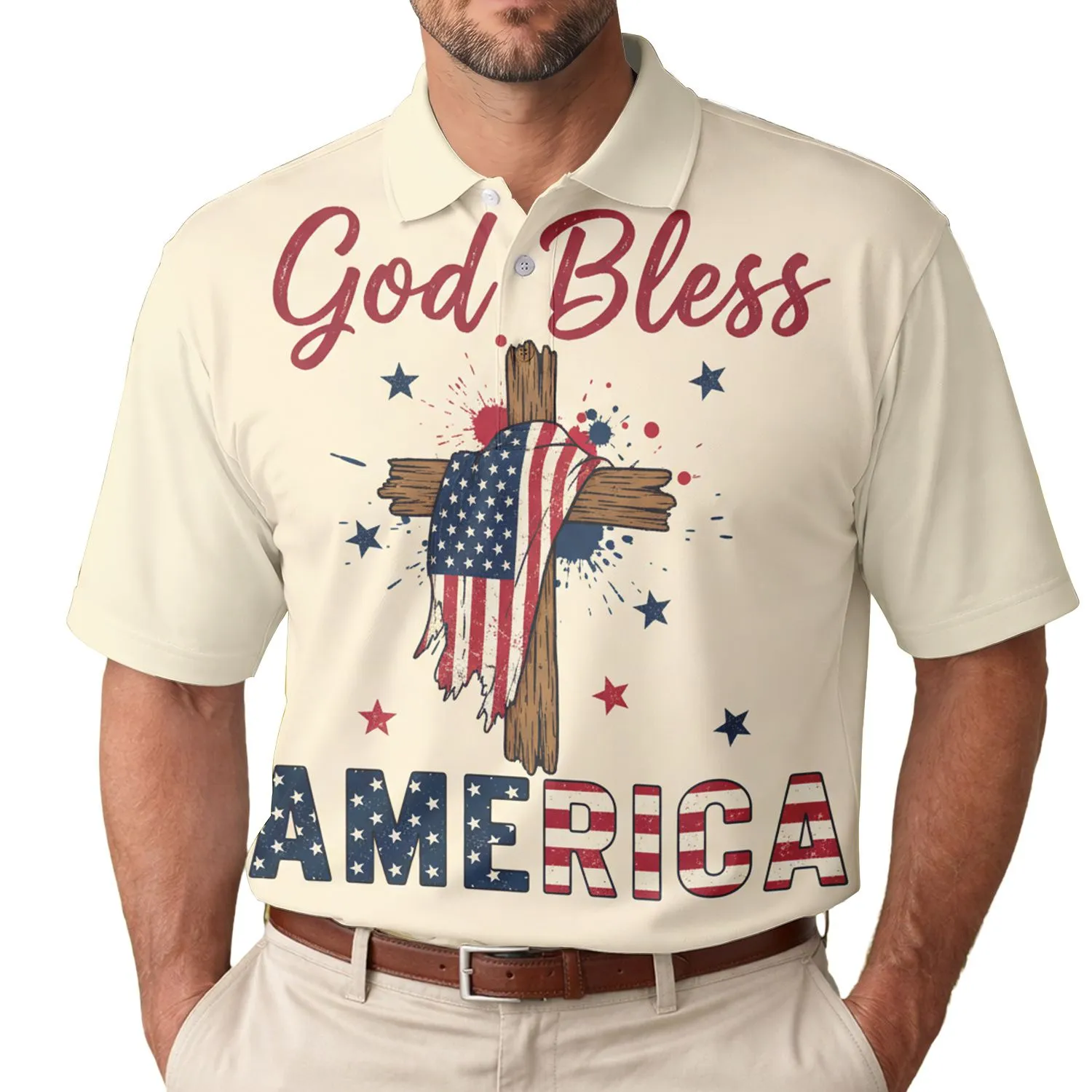 America 250th Birthday God Bless AMERICA Rustic Wood Cross Distressed Flag Design Men's Polo Shirt (Lightweight) - 1