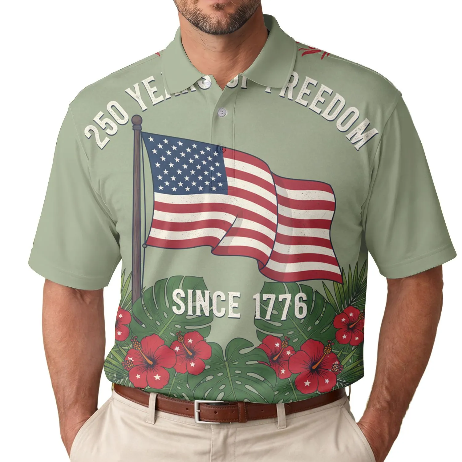 USA 250th Anniversary Flag: Tropical Hibiscus Americana Scrollwork 1776 Freedom Men's Polo Shirt (Lightweight) - 1