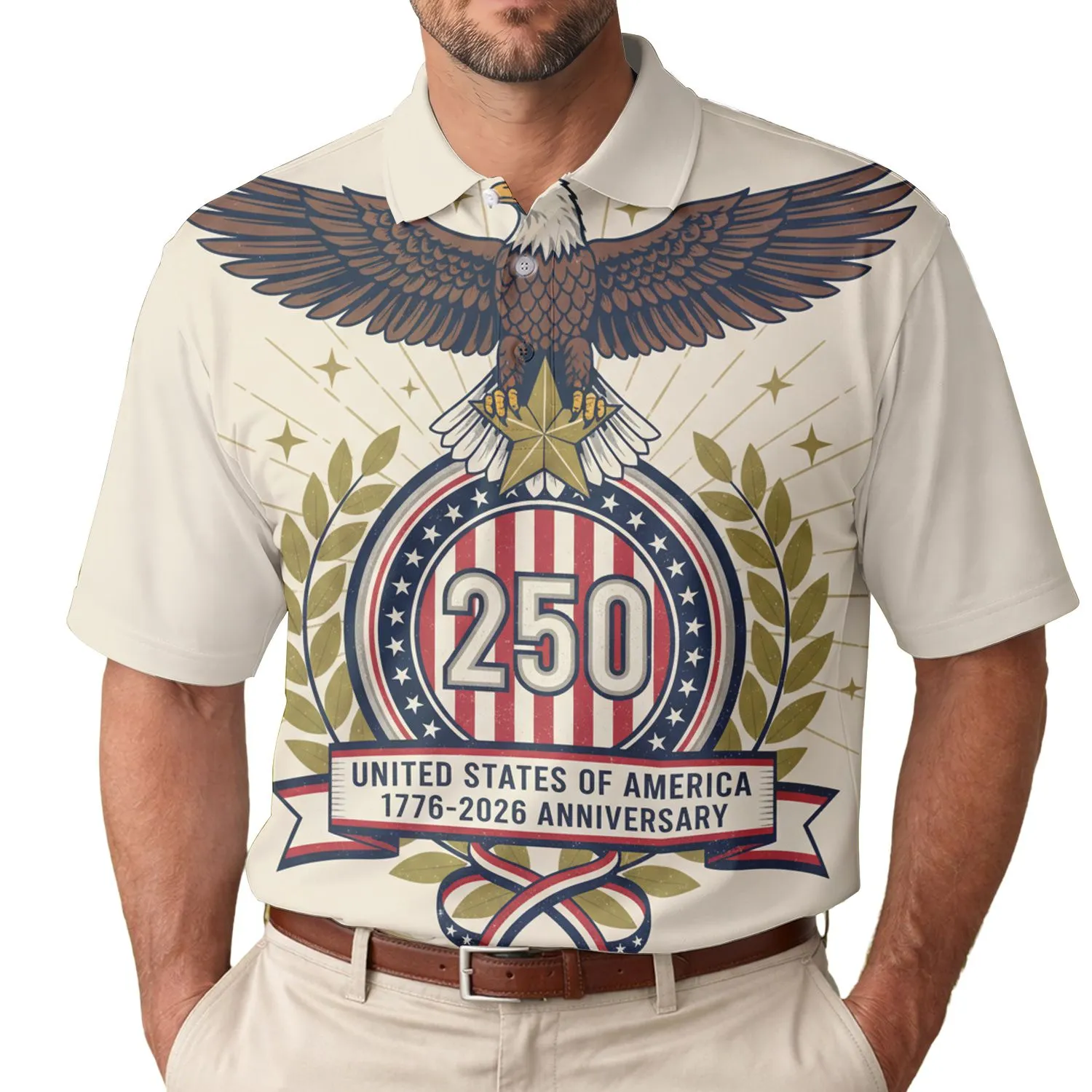 USA 250th Birthday Eagle: Patriotic Laurel Wreath Emblem - United States 1776-2026 Men's Polo Shirt (Lightweight) - 1