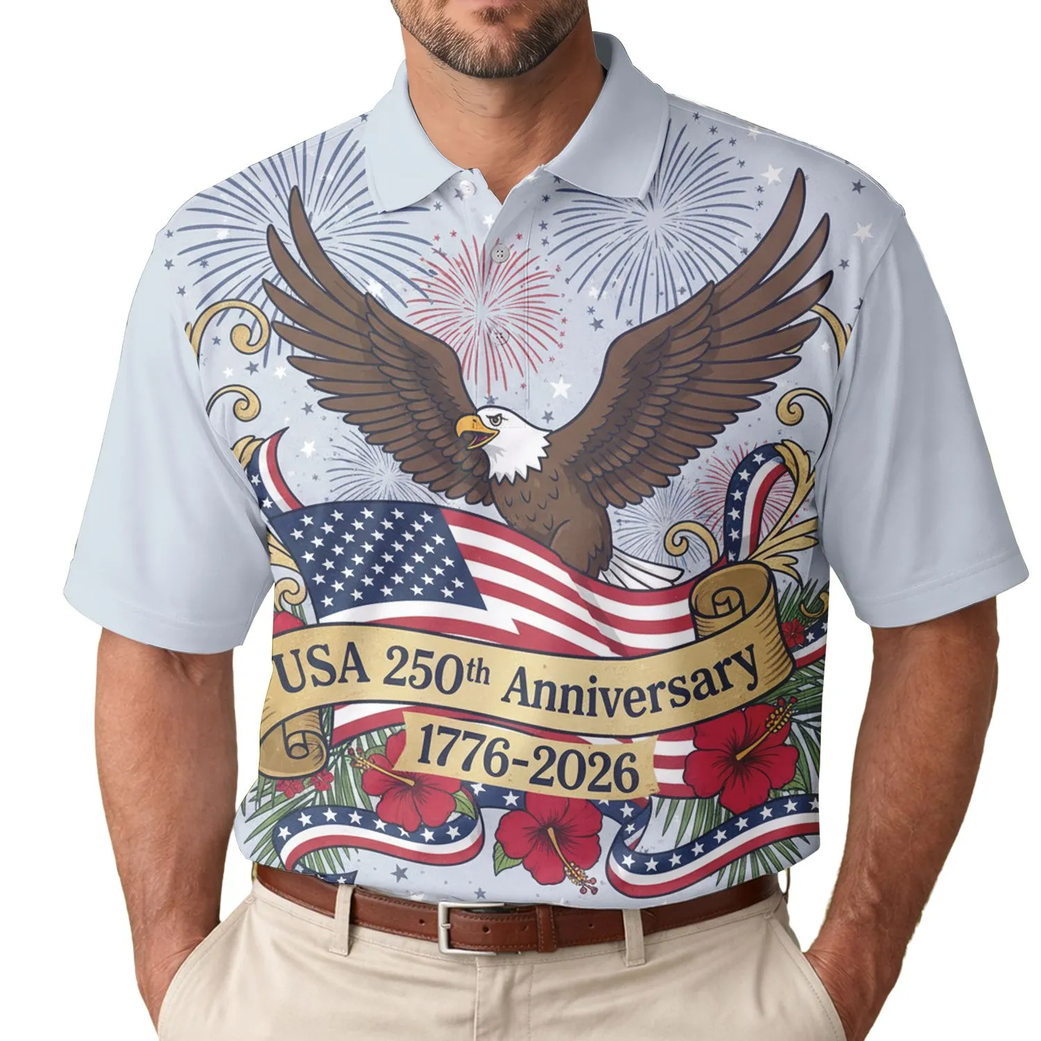America 250th Birthday Patriotic Eagle Flag Tropical Hibiscus Stars Scrollwork Men's Polo Shirt (Lightweight) - 1