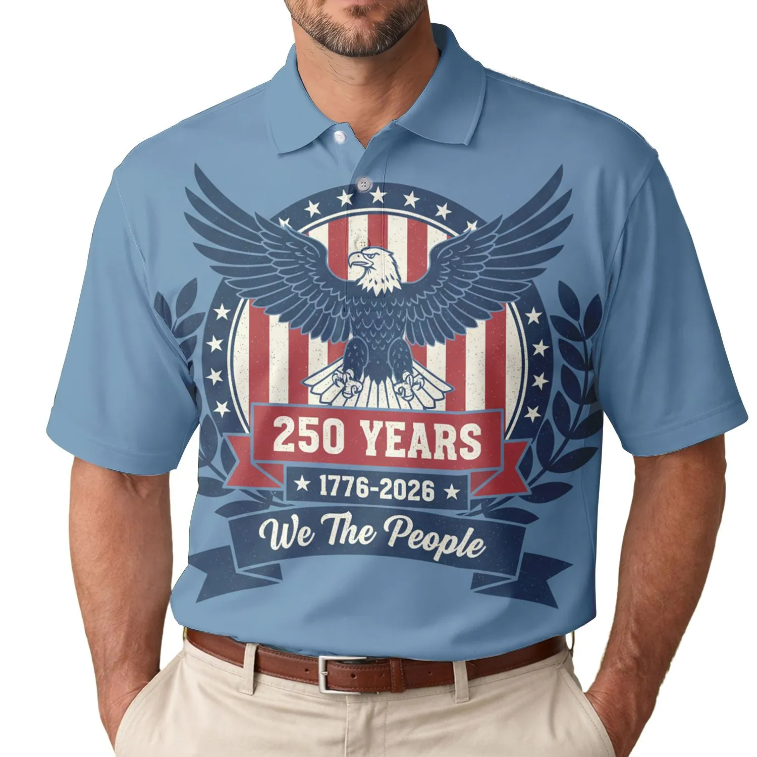 USA 250th Anniversary Bald Eagle Emblem: We The People, 1776-2026, Distressed Stripes Wreaths Men's Polo Shirt (Lightweight) - 1