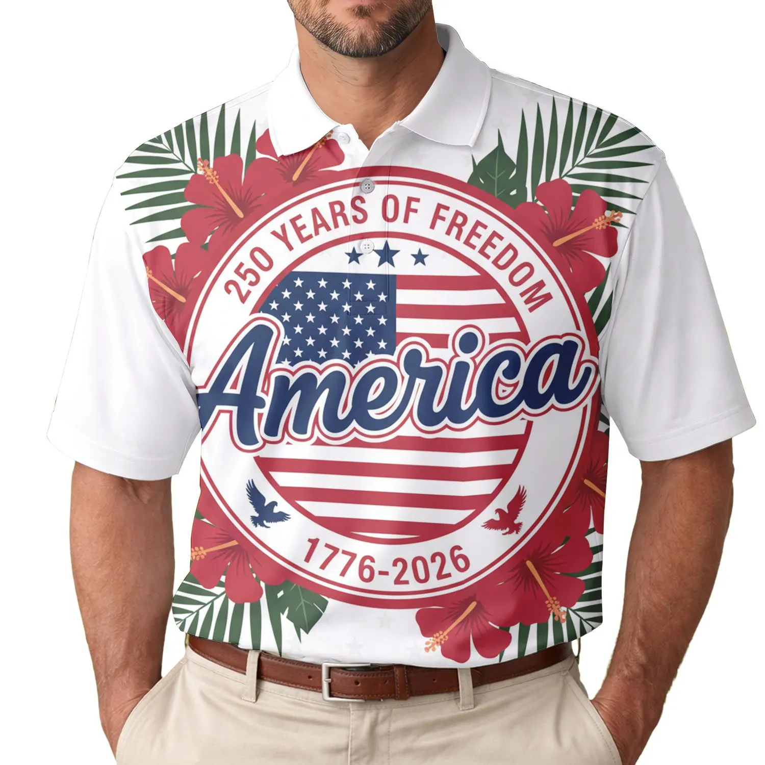 Patriot America 250th Anniversary Freedom Emblem Stars Stripes Hibiscus Palms Men's Polo Shirt (Lightweight) - 1