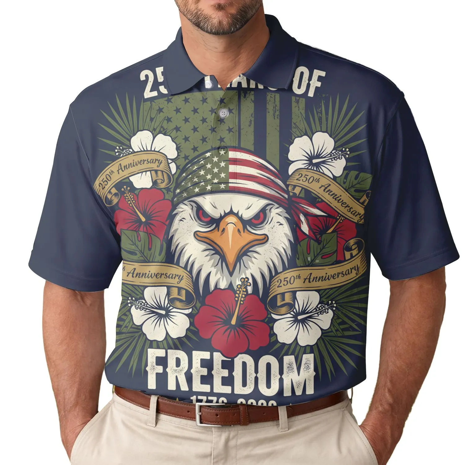 250th Anniversary Patriotic Eagle Freedom 1776-2026 Distressed Flag Hibiscus Men's Polo Shirt (Lightweight) - 1