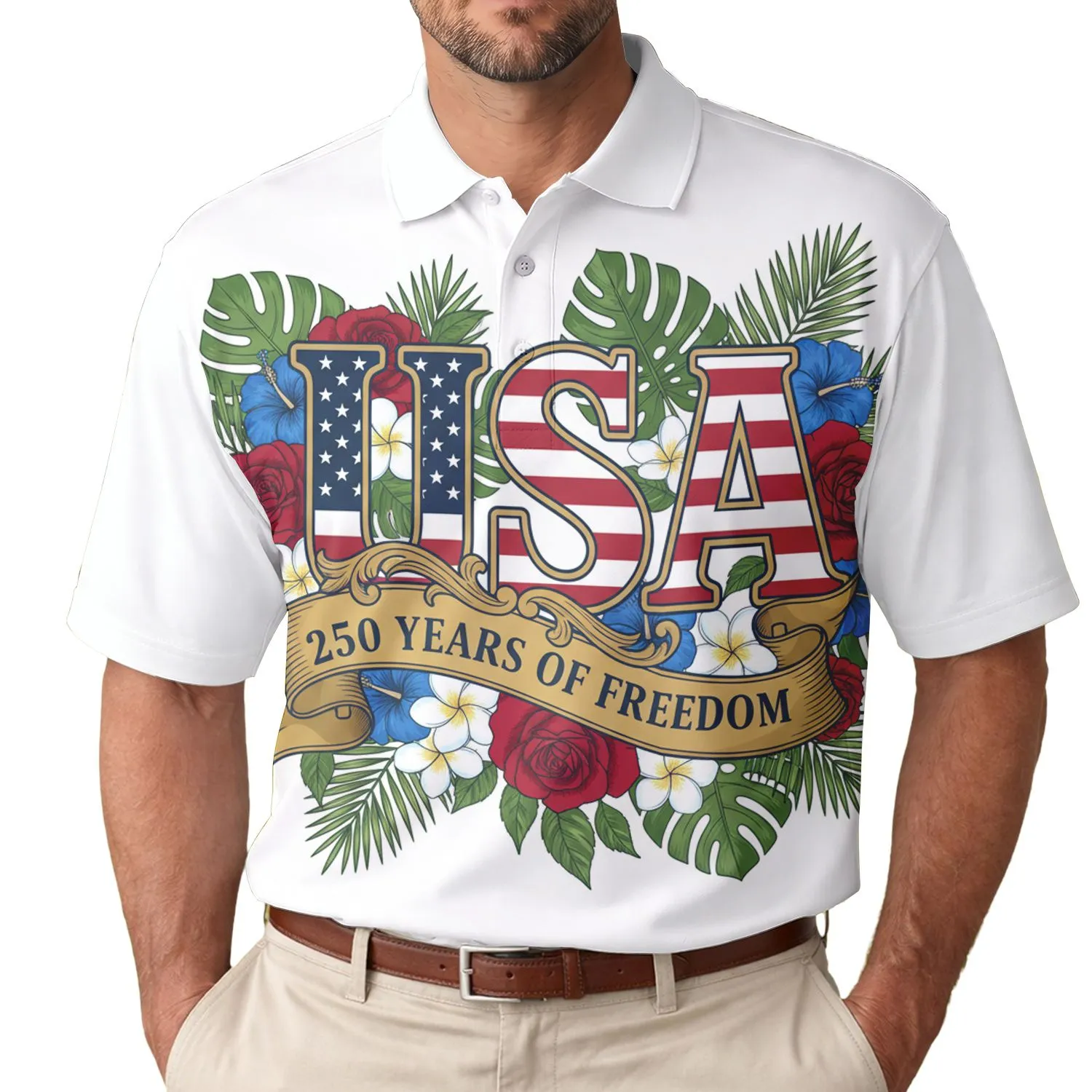 USA 250th Anniversary Freedom Banner Stars Stripes Crimson Rose Tropical Illustration Men's Polo Shirt (Lightweight) - 1