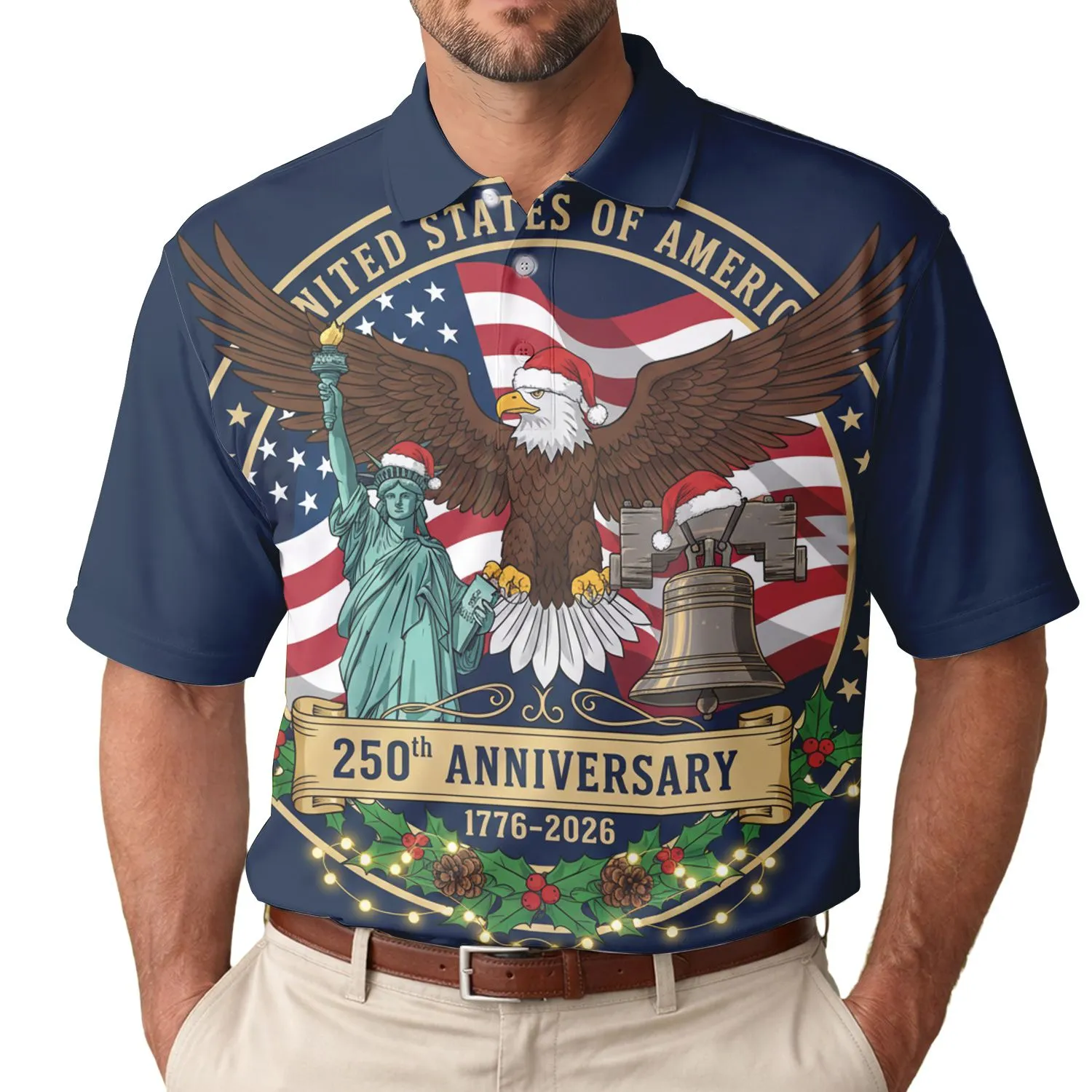 America 250th Birthday Eagle Liberty Statue Polo Santa Hat Emblem Men's Polo Shirt (Lightweight) - 1