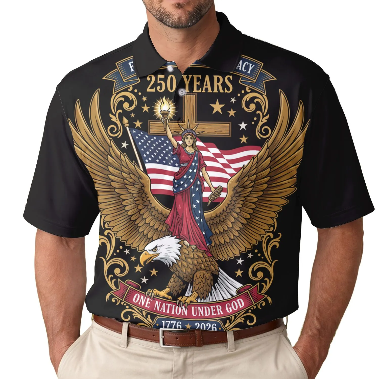 America 250th Anniversary Eagle Lady Liberty Flag Cross Faith Freedom Legacy 1776 Men's Polo Shirt (Lightweight) - 1