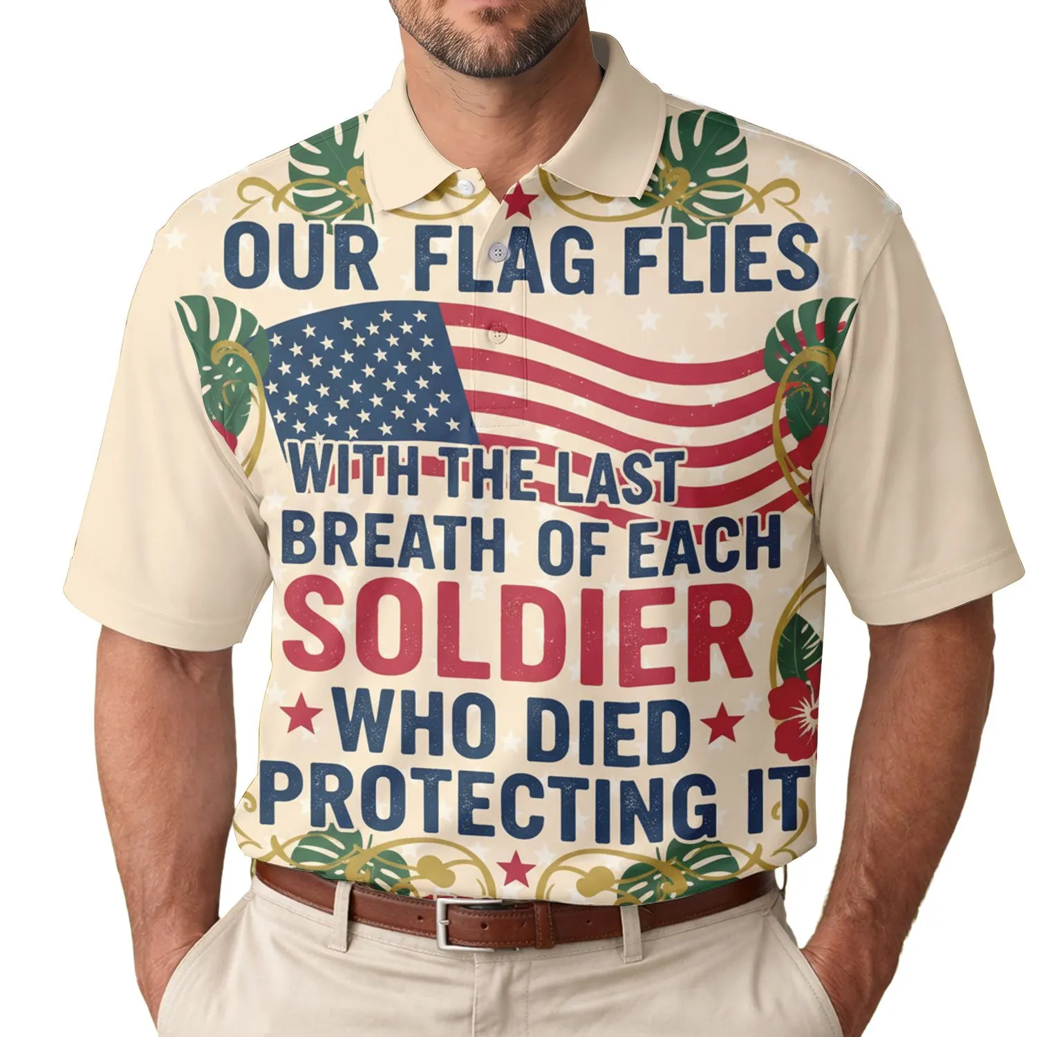 USA 250th Semiquincentennial Flag Tribute Monstera Hibiscus Navy Red White Men's Polo Shirt (Lightweight) - 1