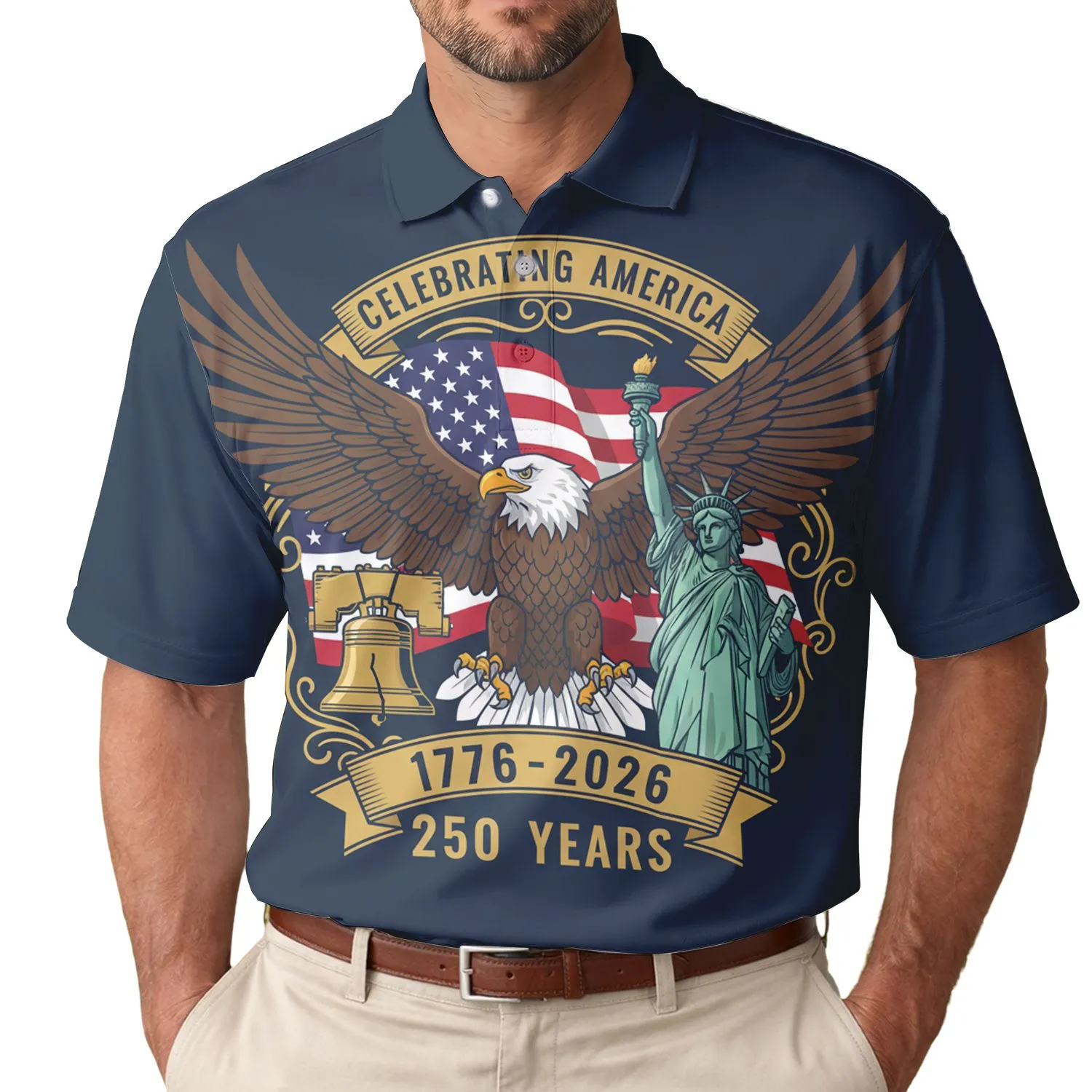 USA 250th Birthday Eagle Flag Statue Liberty Bell 1776-2026 Patriotic Navy Men's Polo Shirt (Lightweight) - 1