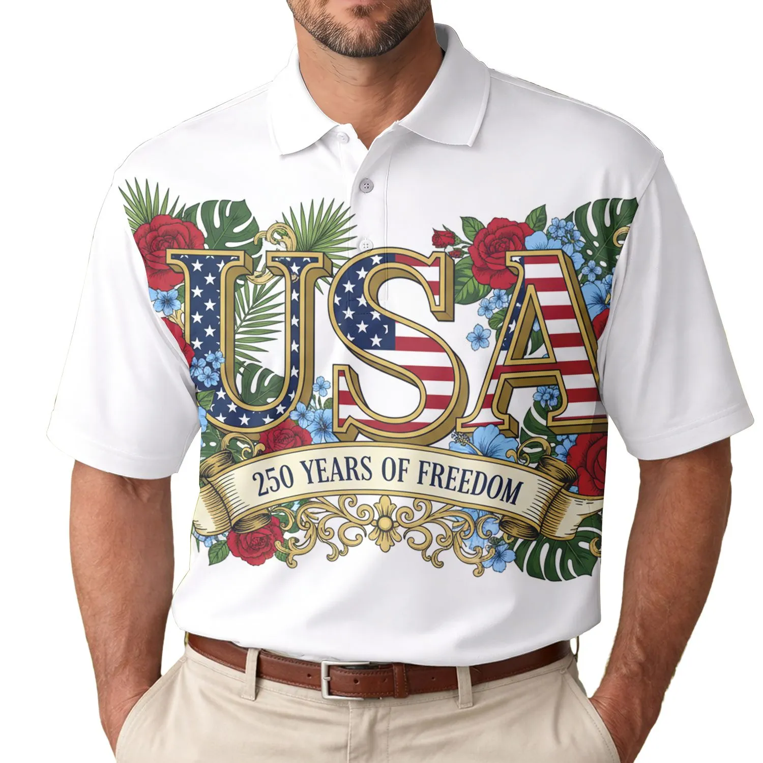 USA 250th Birthday Americana Letters, Crimson Roses, Stars, Gold Freedom Scroll Men's Polo Shirt (Lightweight) - 1