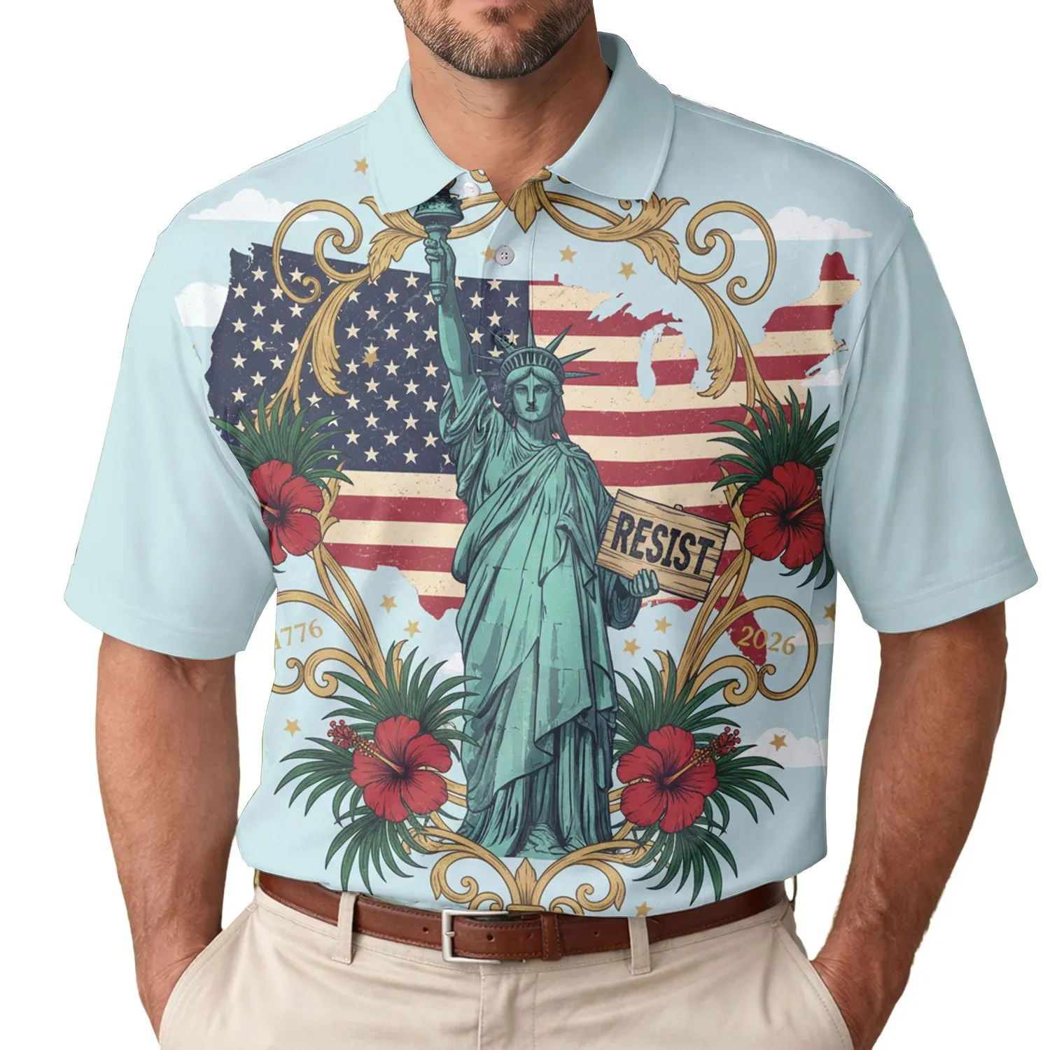 USA 250th Anniversary Liberty Resist Flag Hibiscus Scrollwork 1776 2026 Americana Men's Polo Shirt (Lightweight) - 1