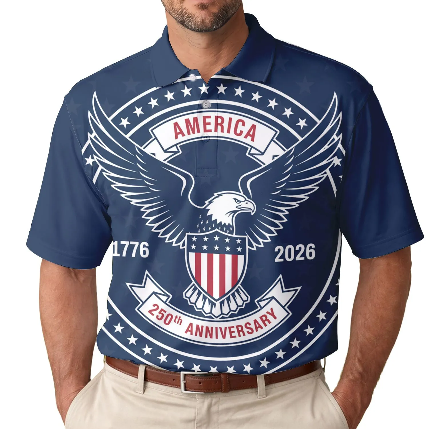 America 250th Anniversary Eagle Flag Emblem 1776 2026 Patriotic Tropical Men's Polo Shirt (Lightweight) - 1
