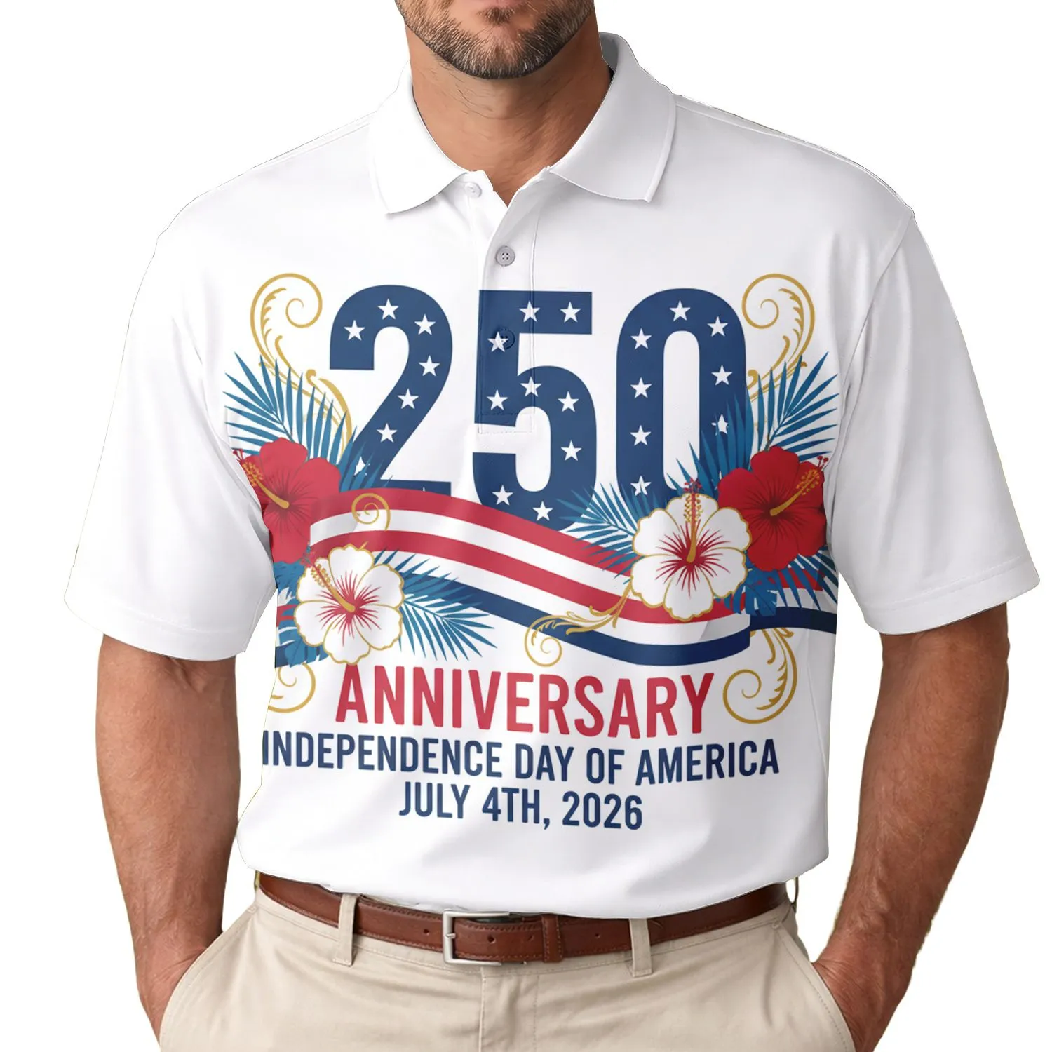 USA 250th Anniversary: Star-Filled 250, Patriotic Ribbon, Hibiscus Palm Scrollwork Men's Polo Shirt (Lightweight) - 1