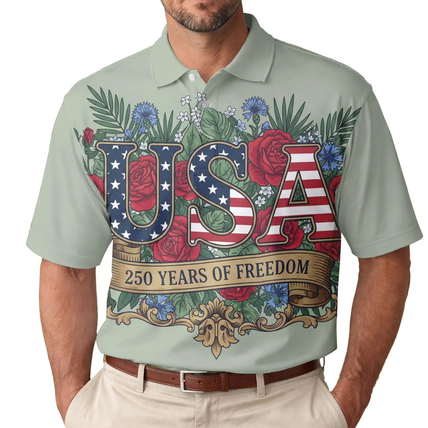 America 250th Anniversary Patriotic Tropical USA Typography Crimson Rose Gold Scrollwork Men's Polo Shirt (Lightweight) - 1