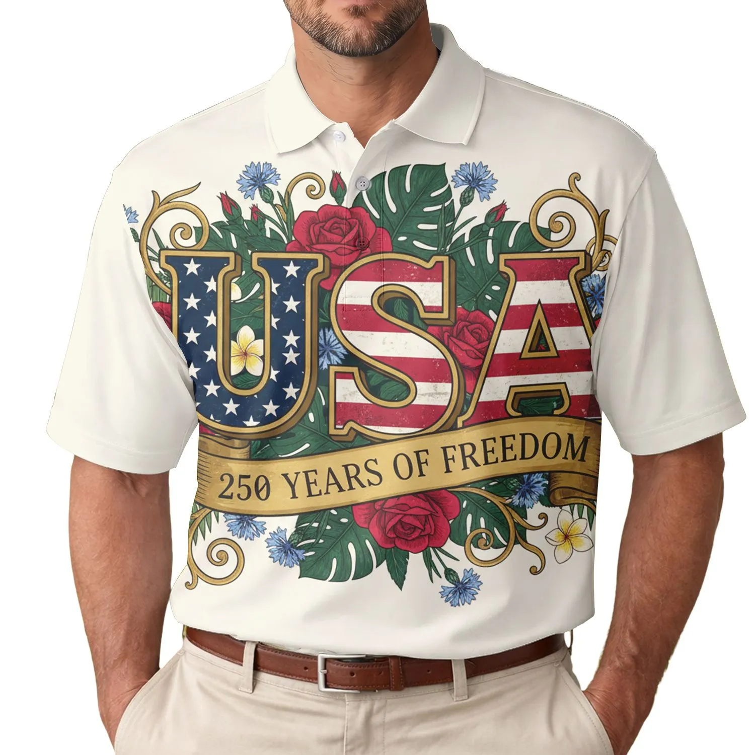 Patriotic USA 250th Anniversary Tropical Floral Gold Freedom Design Men's Polo Shirt (Lightweight) - 1