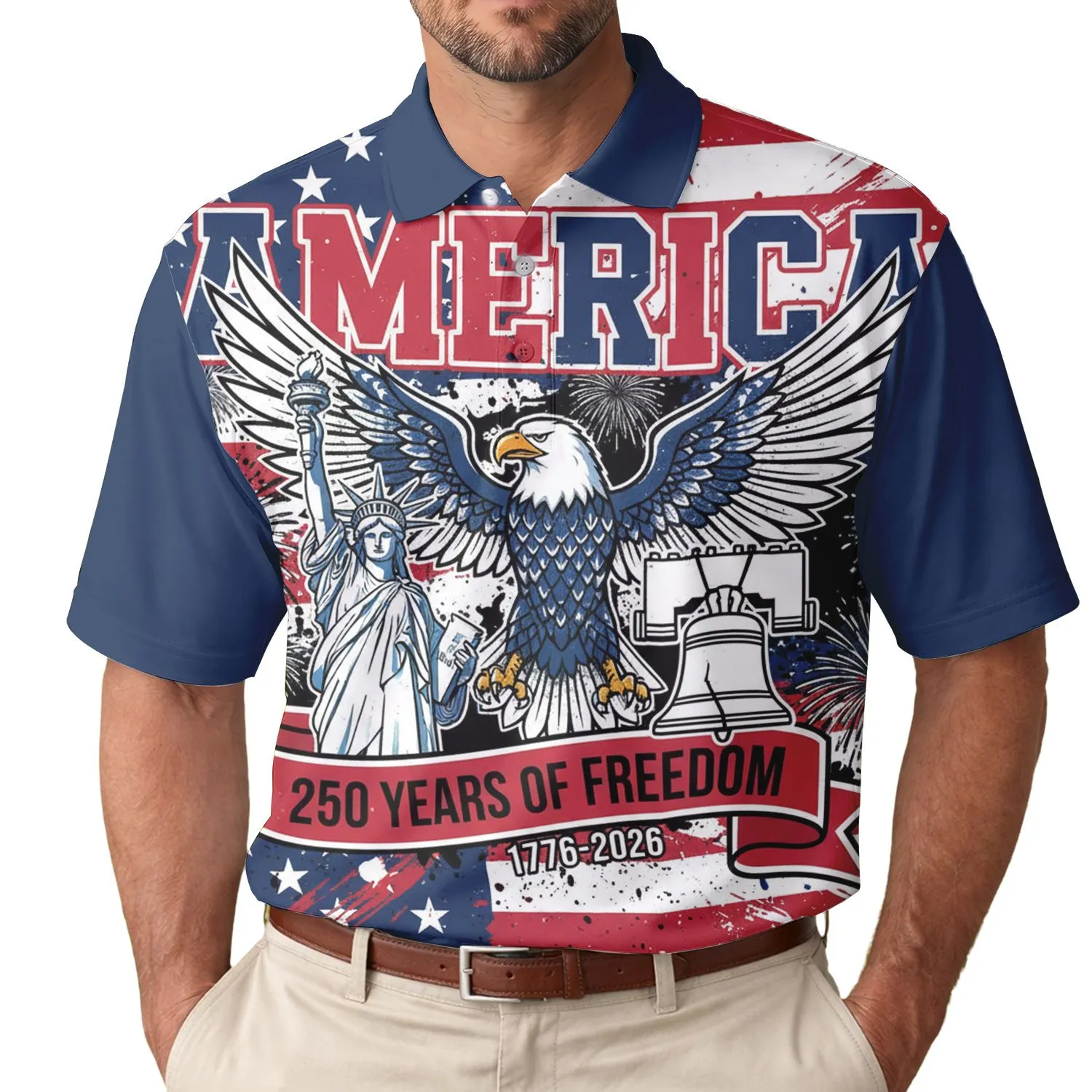 America 250th Anniversary Patriotic Eagle Liberty Bell Grunge Flag 1776 Fireworks Men's Polo Shirt (Lightweight) - 1