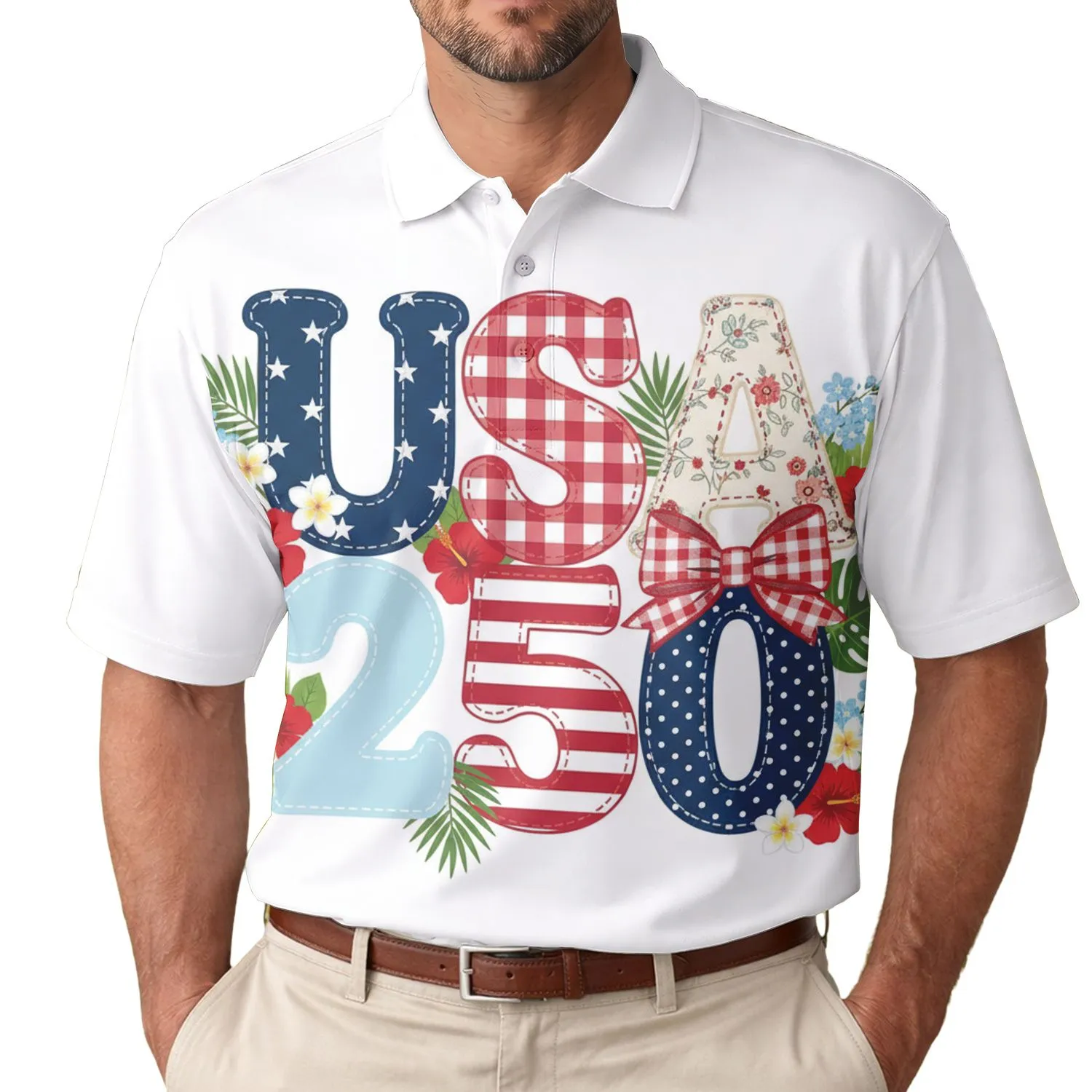 USA 250th Anniversary Polo Patchwork Floral Gingham Stripe Design Men's Polo Shirt (Lightweight) - 1