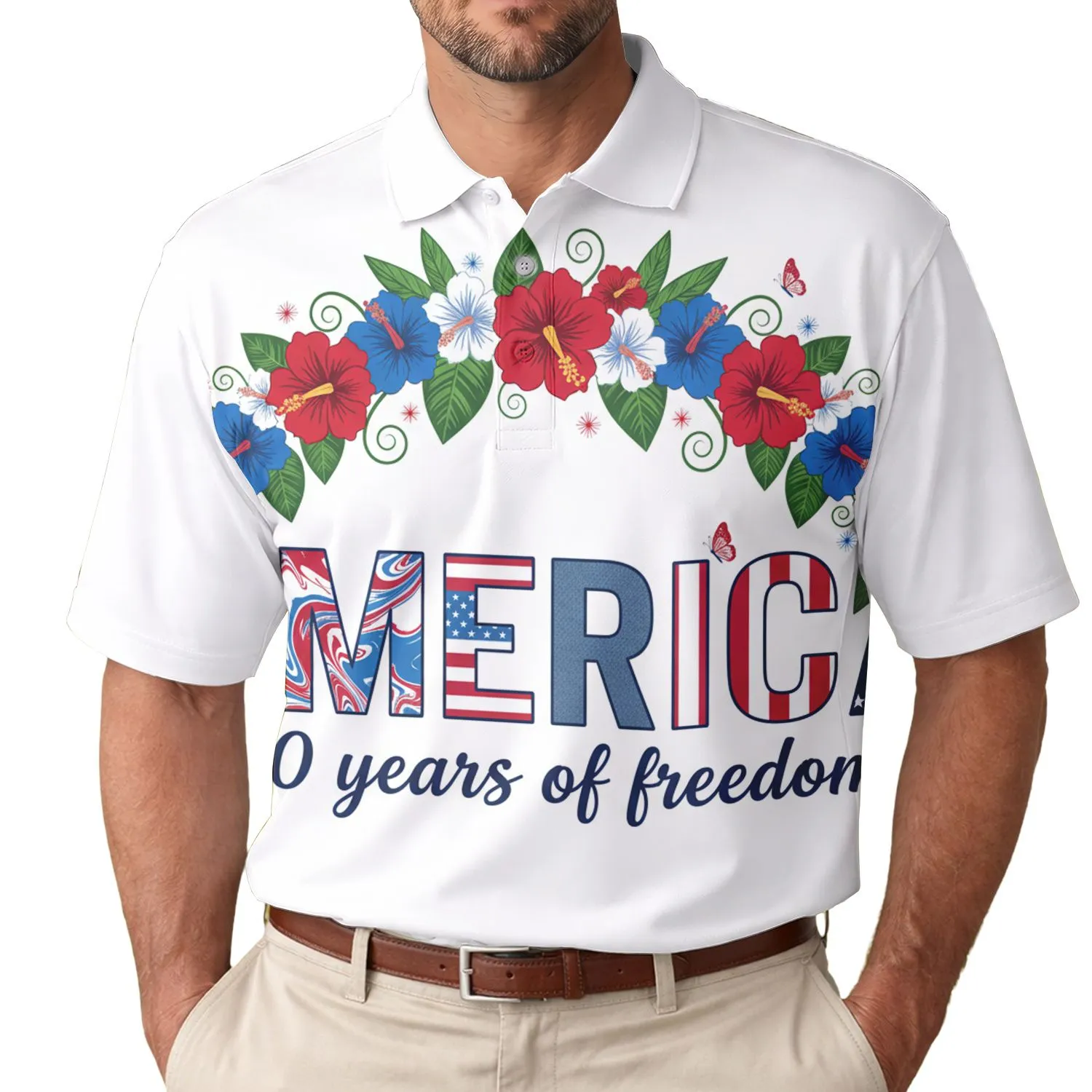 America's 250th Birthday: Polo Patriotic 'AMERICA' Stars Stripes Denim Wildflowers Men's Polo Shirt (Lightweight) - 1