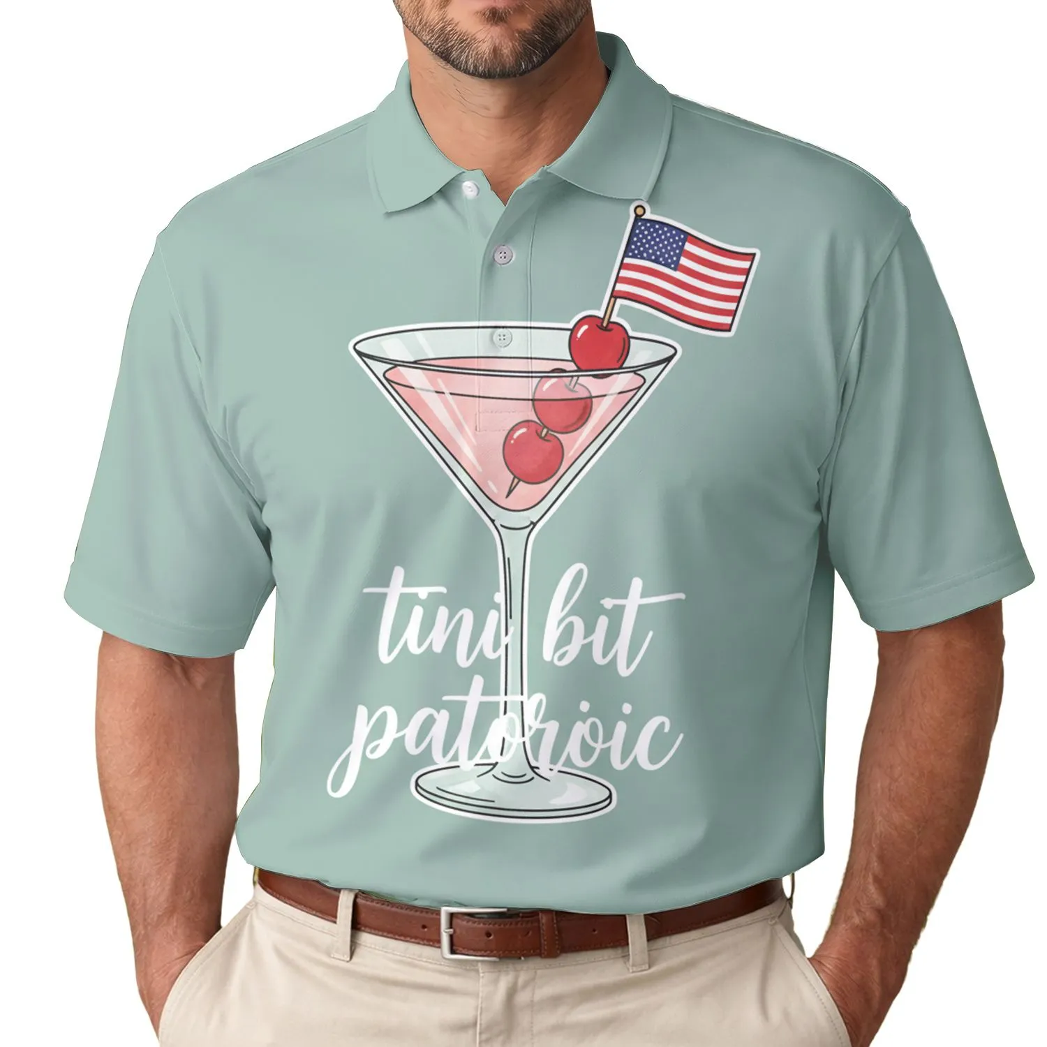 America 250th Birthday Martini Glass Flag 'tini bit patriotic' Script Seafoam Men's Polo Shirt (Lightweight) - 1