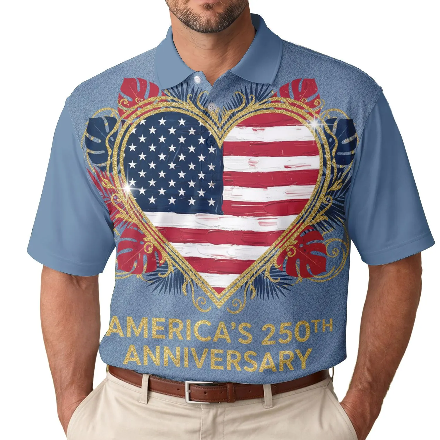 USA 250th Patriotic Heart Flag: Textured Gold Glitter Tropical Artwork Men's Polo Shirt (Lightweight) - 1