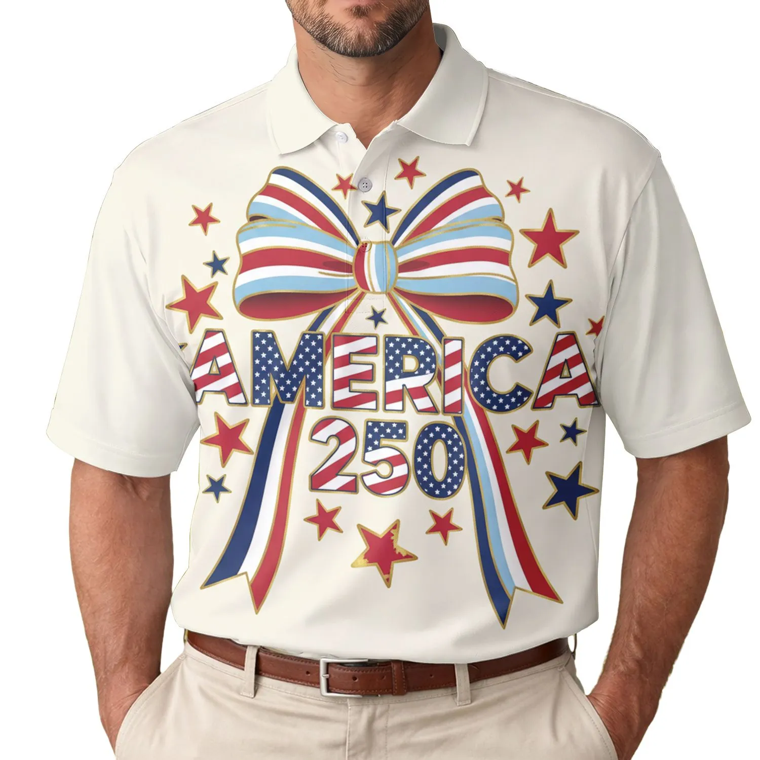 America 250th Anniversary Patriotic Polo AMERICA 250 Text Stars Stripes Ribbon Men's Polo Shirt (Lightweight) - 1
