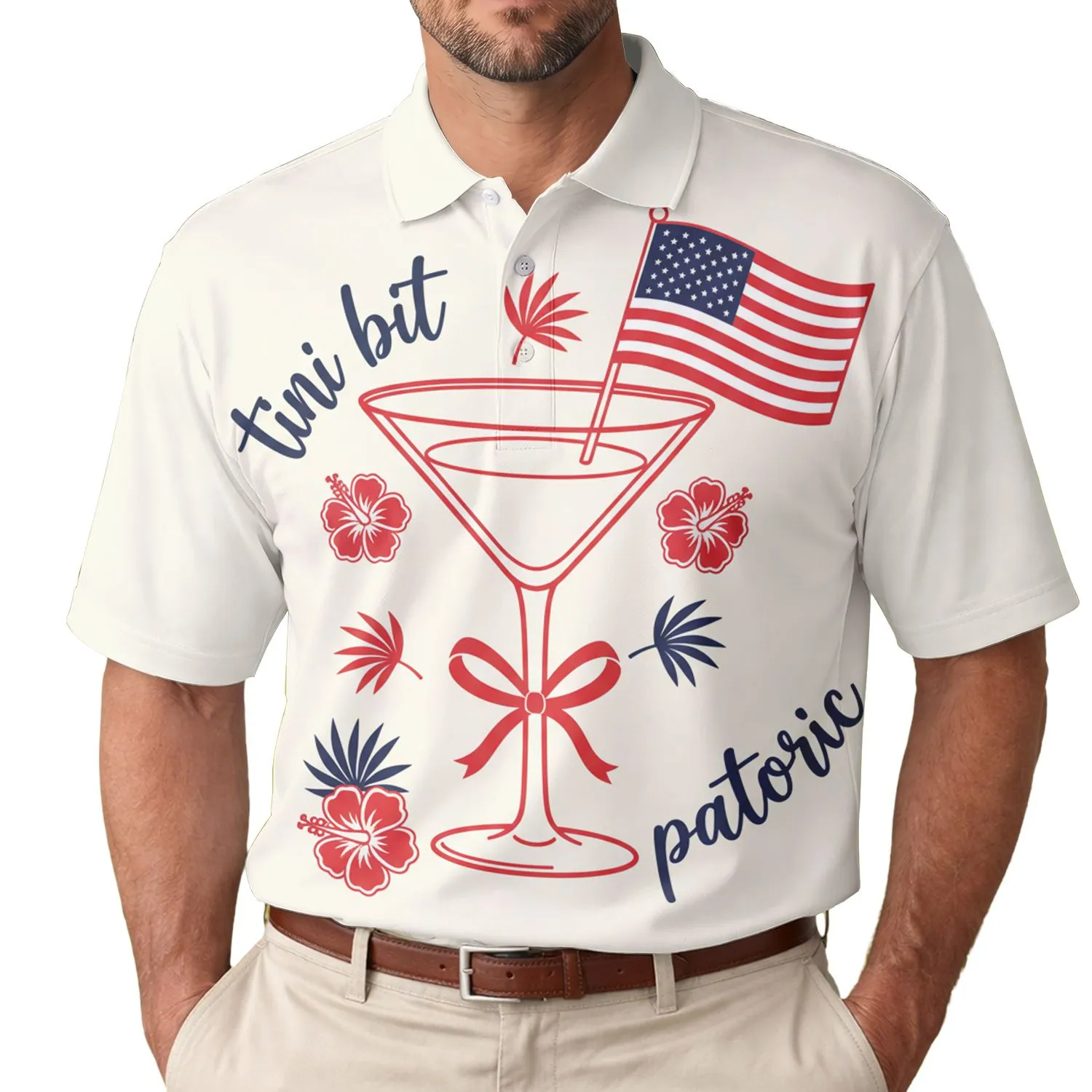 America 250th: 'Tini Bit Patriotic' Martini Flag Crimson Red Polo Celebration Men's Polo Shirt (Lightweight) - 1