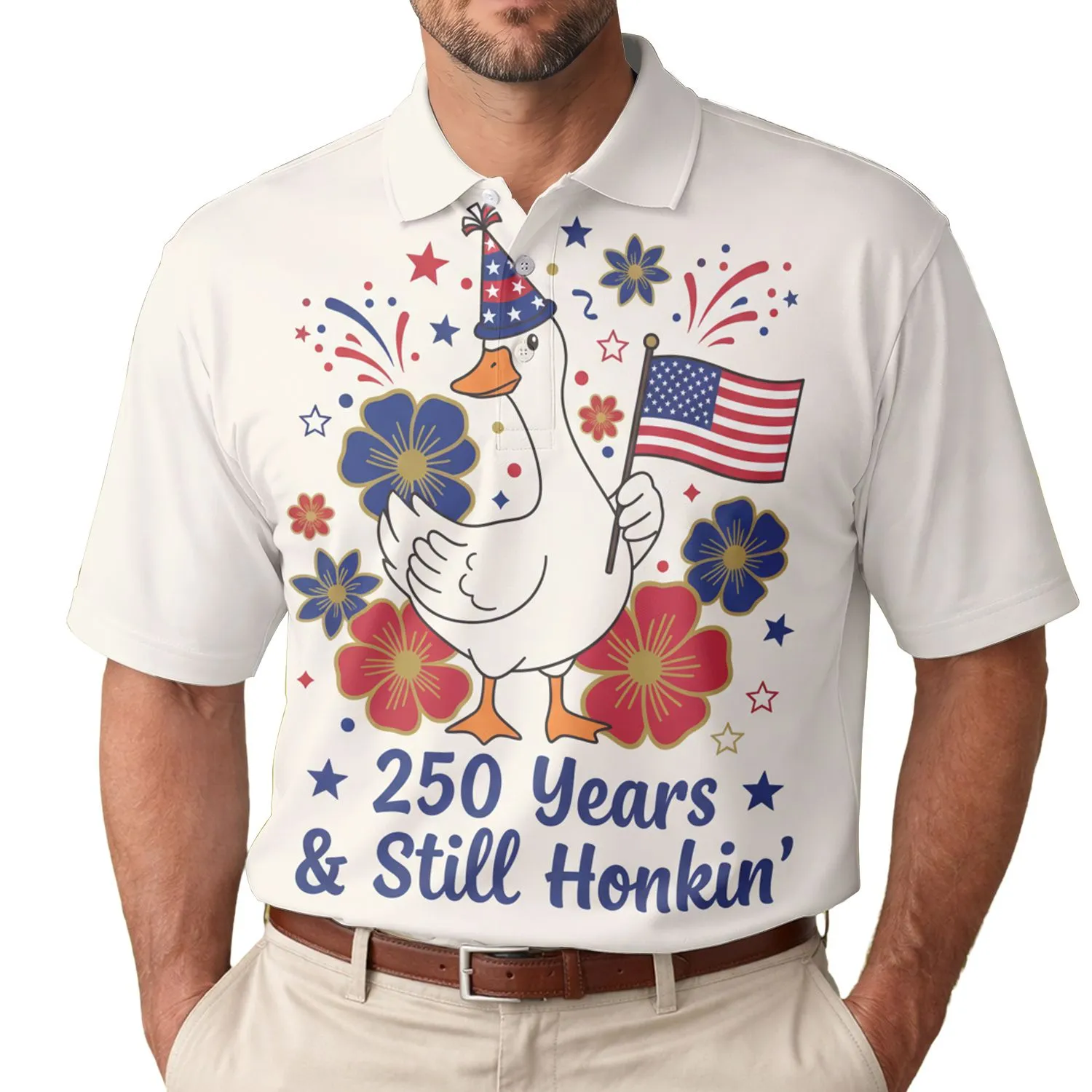 USA 250th Birthday Patriotic Goose Party Hat Flag Tropical Honkin' Design Men's Polo Shirt (Lightweight) - 1