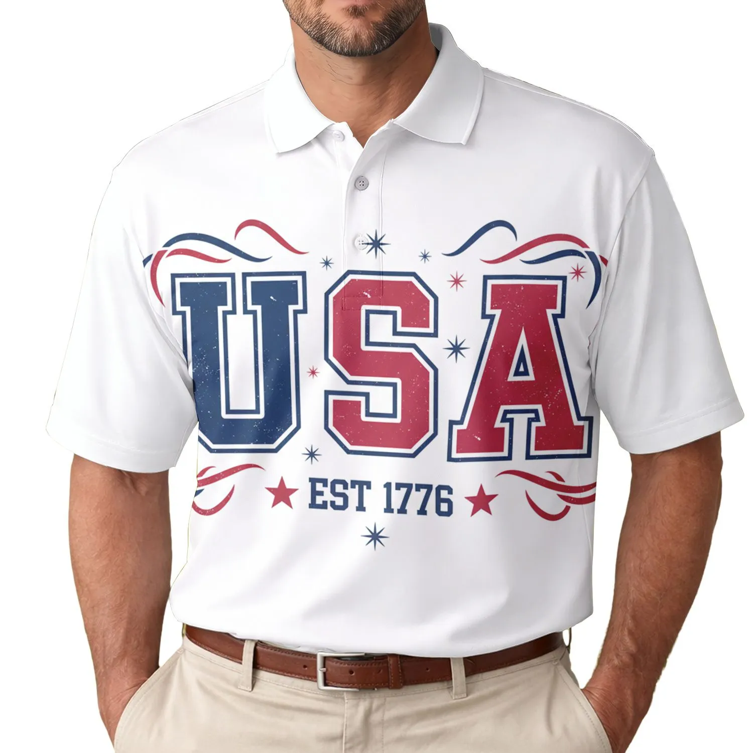America 250th Birthday USA EST 1776 Patriotic Distressed Collegiate Tropical Celebration Print Men's Polo Shirt (Lightweight) - 1