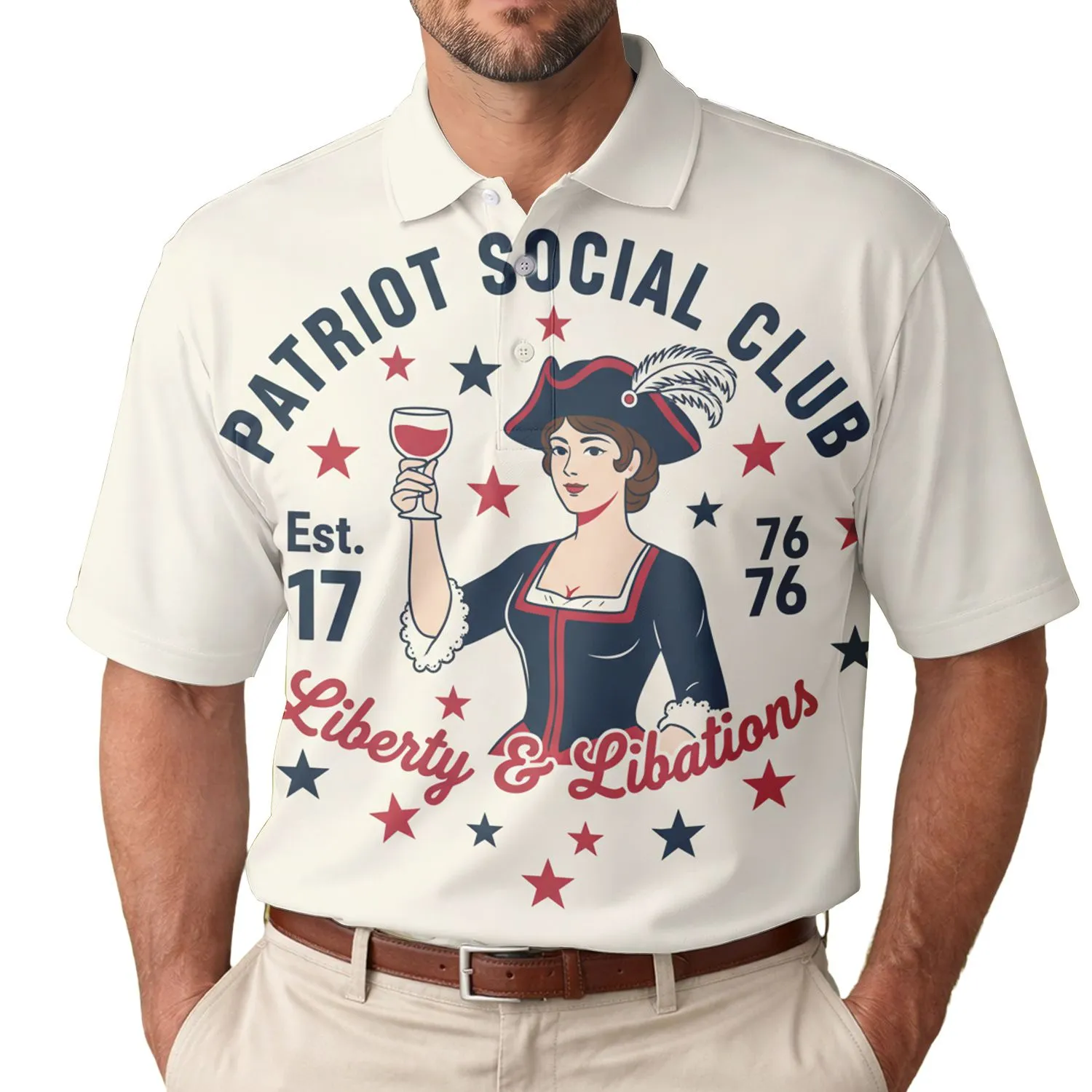USA 250th Birthday Patriot Social Club Est 1776 Colonial Woman Liberty Libations Men's Polo Shirt (Lightweight) - 1