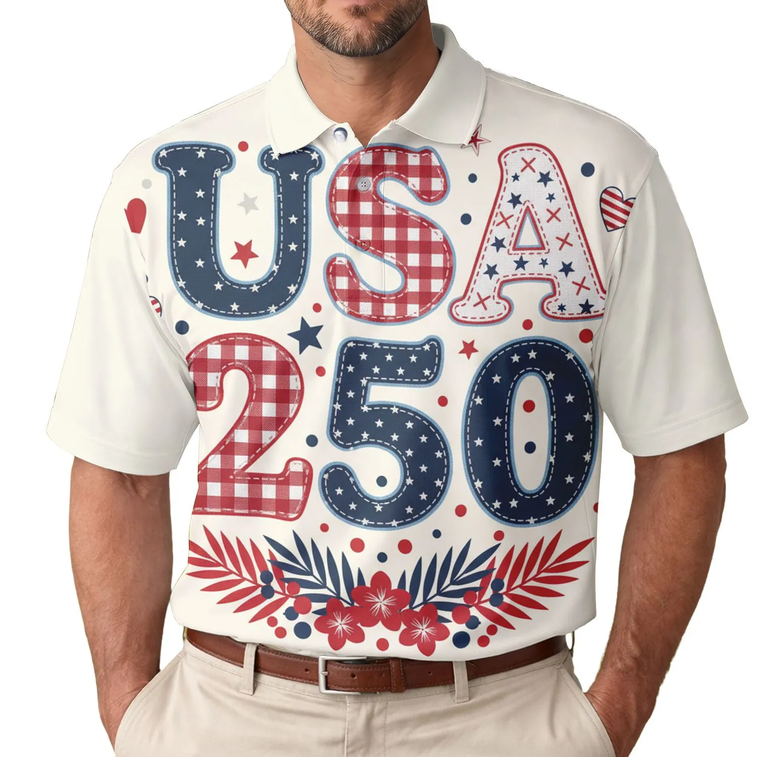 USA 250th Birthday Patchwork Appliqué Stars Hearts Gingham Wreath Patriotic Cream Men's Polo Shirt (Lightweight) - 1