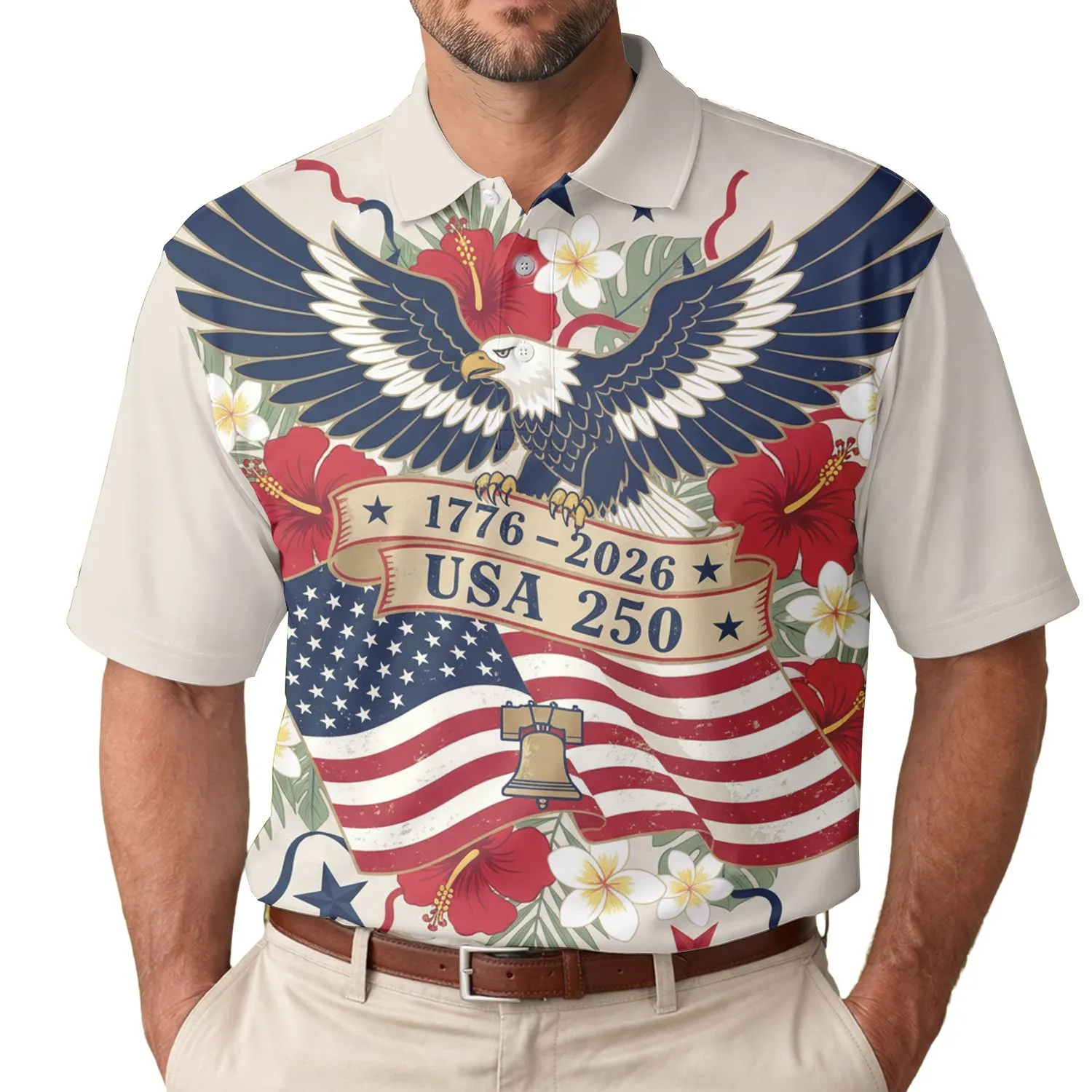 America 250th Birthday Eagle Flag 1776-2026 Hibiscus Plumeria Stars Design Men's Polo Shirt (Lightweight) - 1