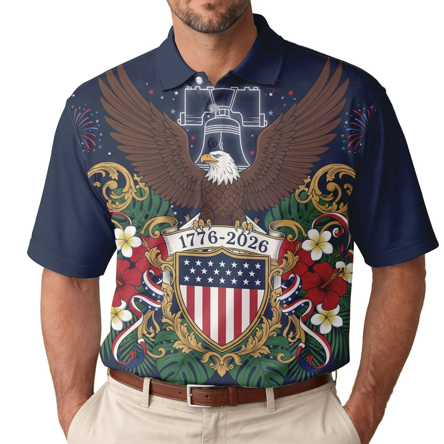 America 250th Anniversary Patriotic Eagle Stars Stripes Hibiscus Plumeria Design 1776 Men's Polo Shirt (Lightweight) - 1