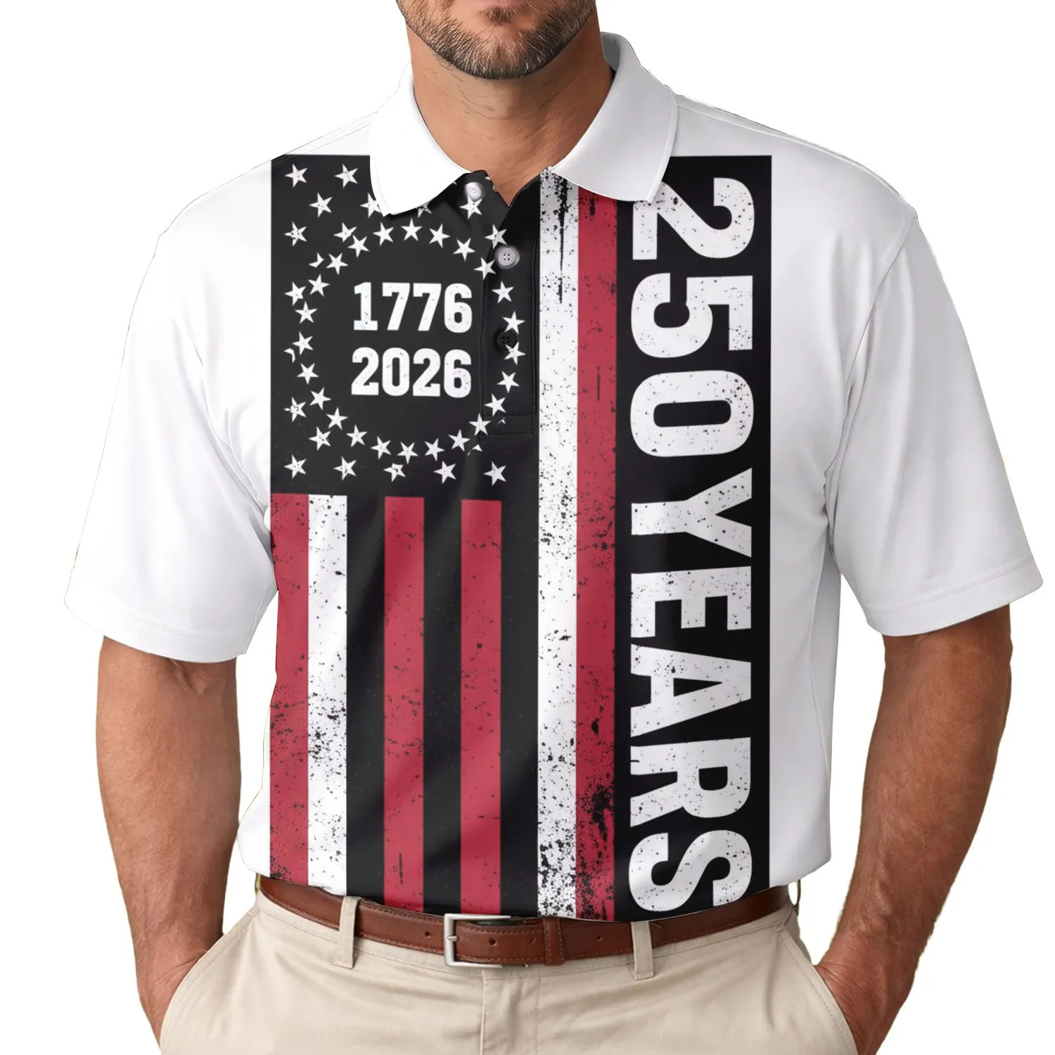USA 250th Anniversary Distressed Flag 1776 2026 Tropical Crimson Black Stripes Men's Polo Shirt (Lightweight) - 1