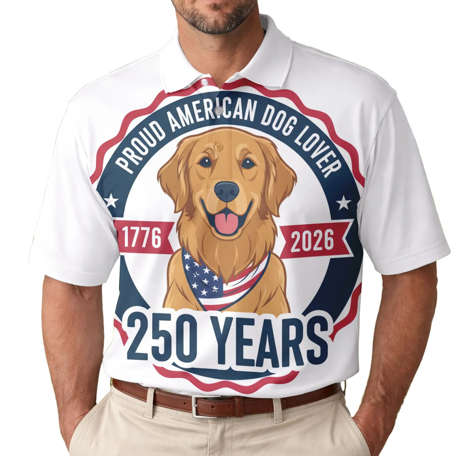 America 250th Birthday: Proud Dog Lover Golden Retriever Stars Stripes 1776-2026 Men's Polo Shirt (Lightweight) - 1