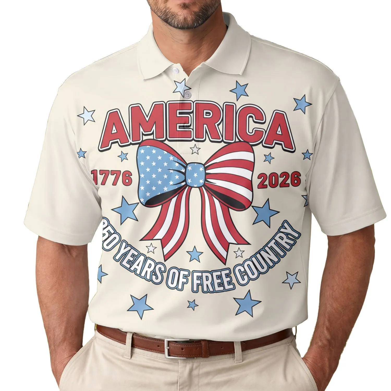 America 250th Anniversary Polo Patriot Bow 1776-2026 Free Country Red White Blue Men's Polo Shirt (Lightweight) - 1