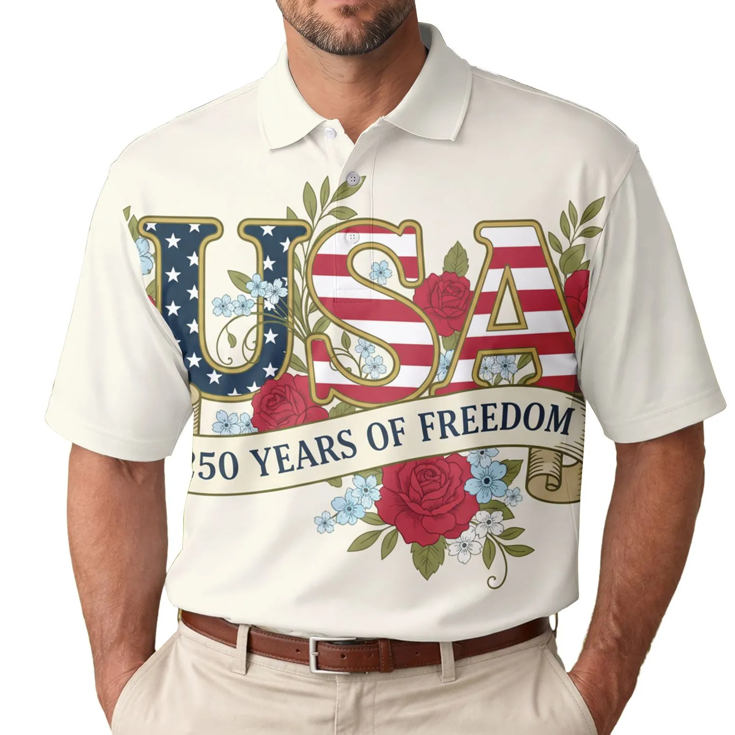 America 250th Birthday USA Flag Letters Red Rose Tropical Scrollwork Ivory Design Men's Polo Shirt (Lightweight) - 1