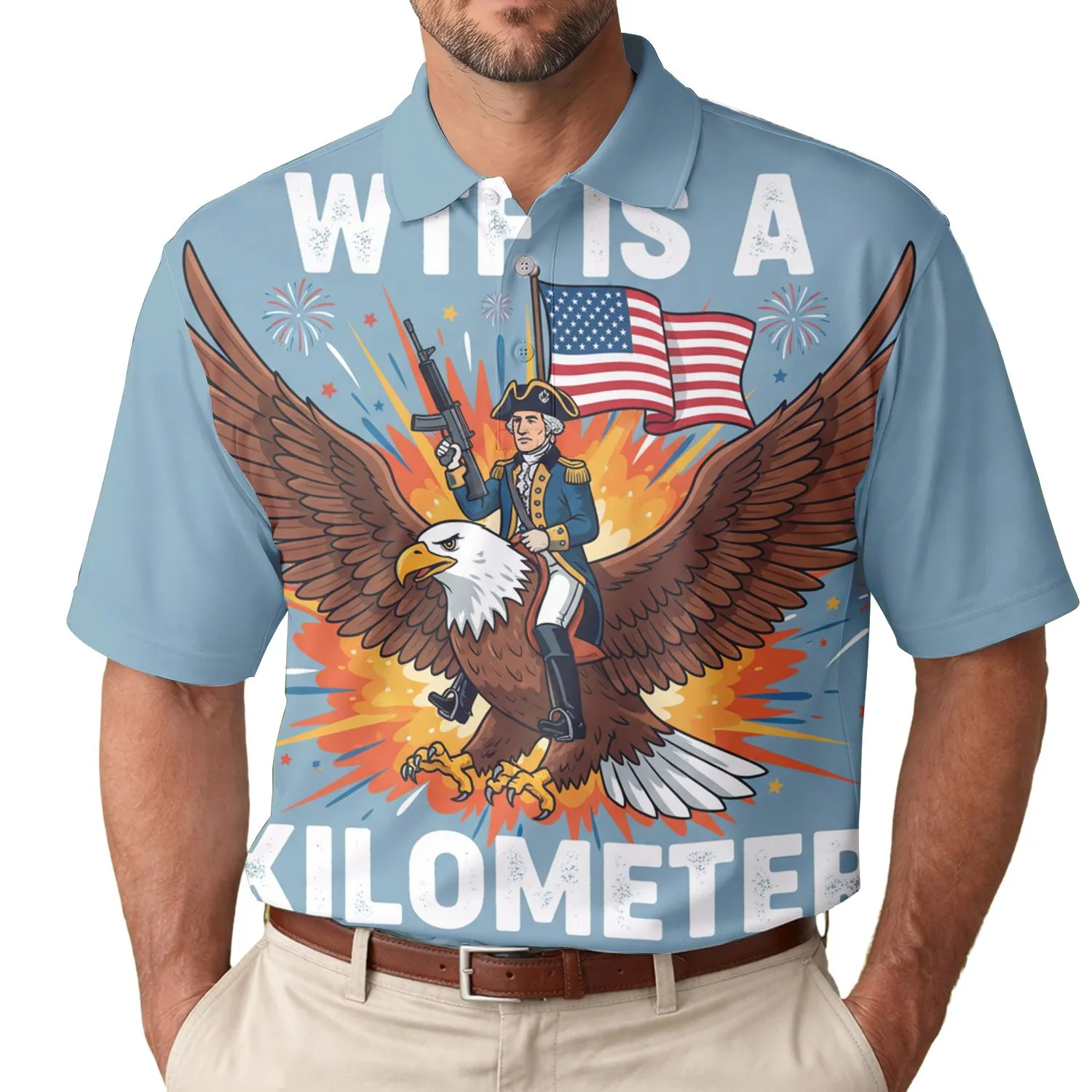 USA 250th Birthday: Colonial General Eagle Ride, Rifle, US Flag, "Kilometer" Text Men's Polo Shirt (Lightweight) - 1