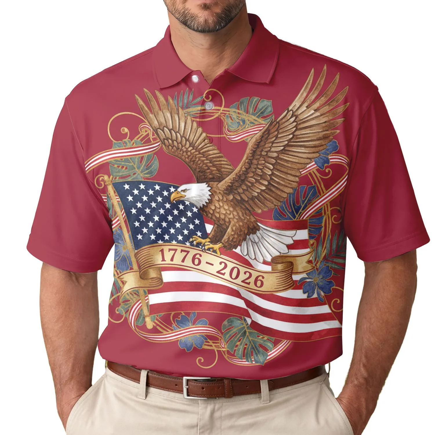 America 250th Anniversary: Soaring Bald Eagle Flag Tropical Gold Scrollwork Crimson Men's Polo Shirt (Lightweight) - 1