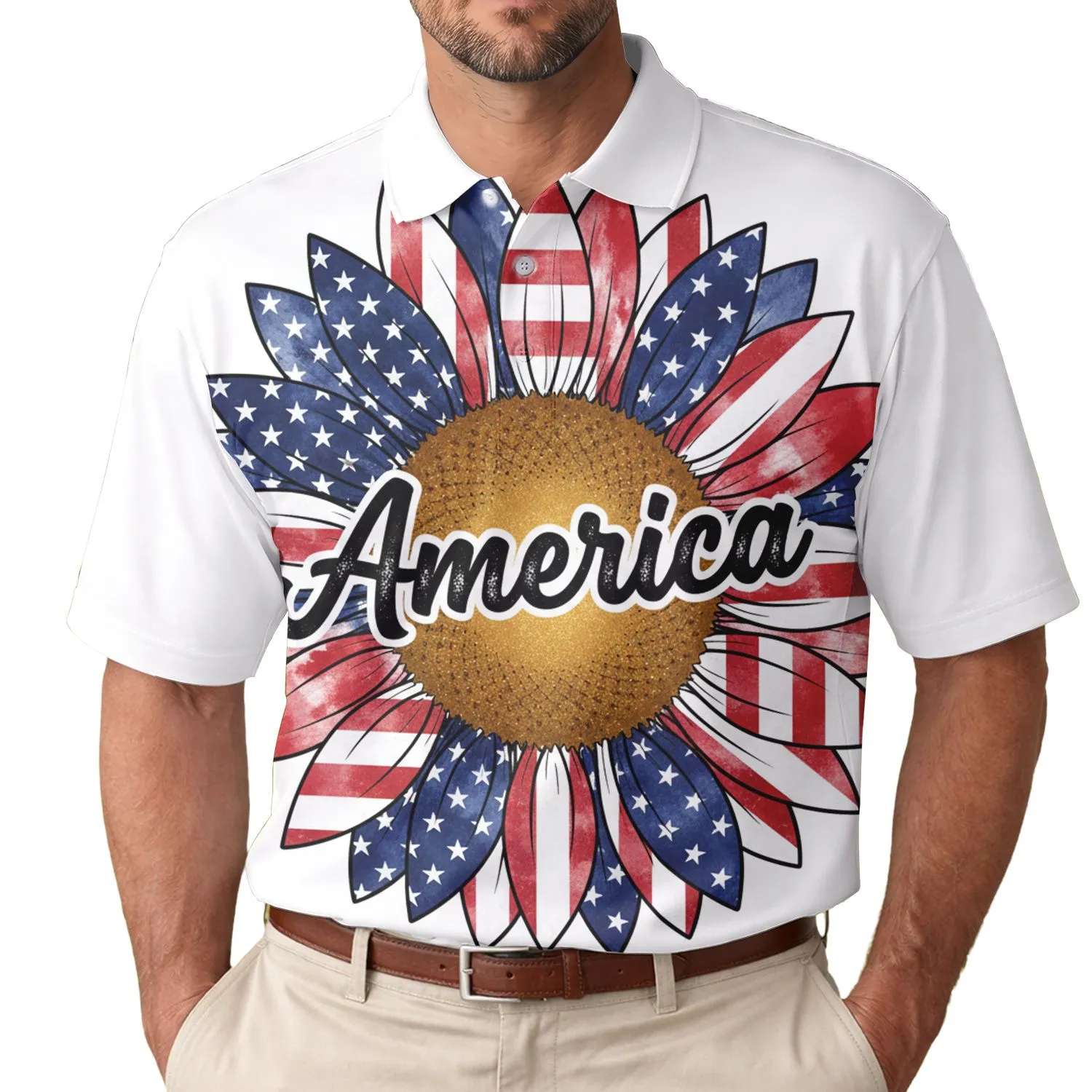 America 250th 1776 Distressed Sunflower Flag Petals Script Lettering Men's Polo Shirt (Lightweight) - 1