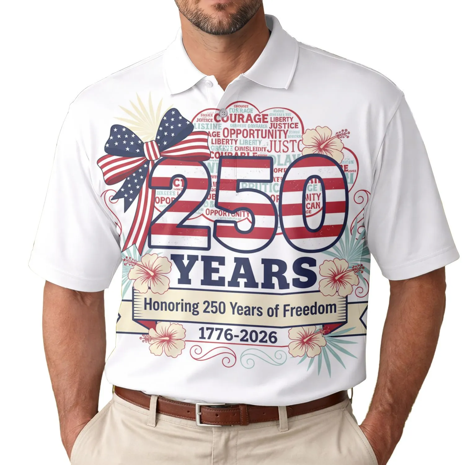 America 250th Anniversary Patriotic Polo Flag Bow '250 Years' 1776-2026 Men's Polo Shirt (Lightweight) - 1
