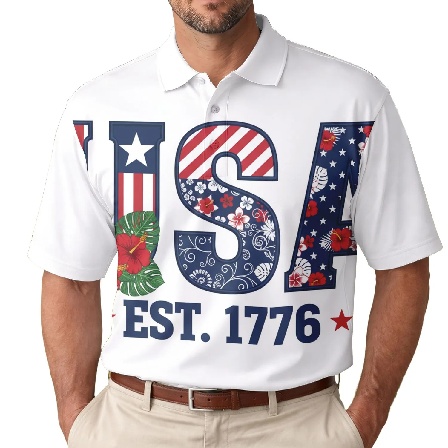 USA 250th Birthday Patriotic Polo Est 1776 Tropical Lettering Men's Polo Shirt (Lightweight) - 1