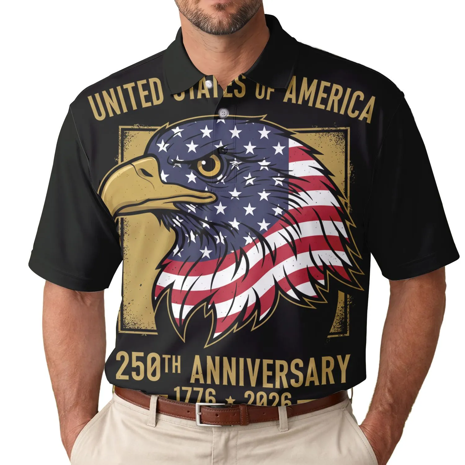 America 250th Birthday Eagle Flag 1776-2026 Semiquincentennial Commemorative Men's Polo Shirt (Lightweight) - 1