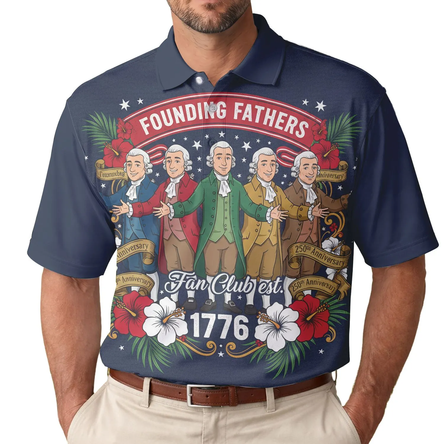 America 250th Founding Fathers Fan Club Est 1776 Polo Hibiscus Stars Navy Men's Polo Shirt (Lightweight) - 1