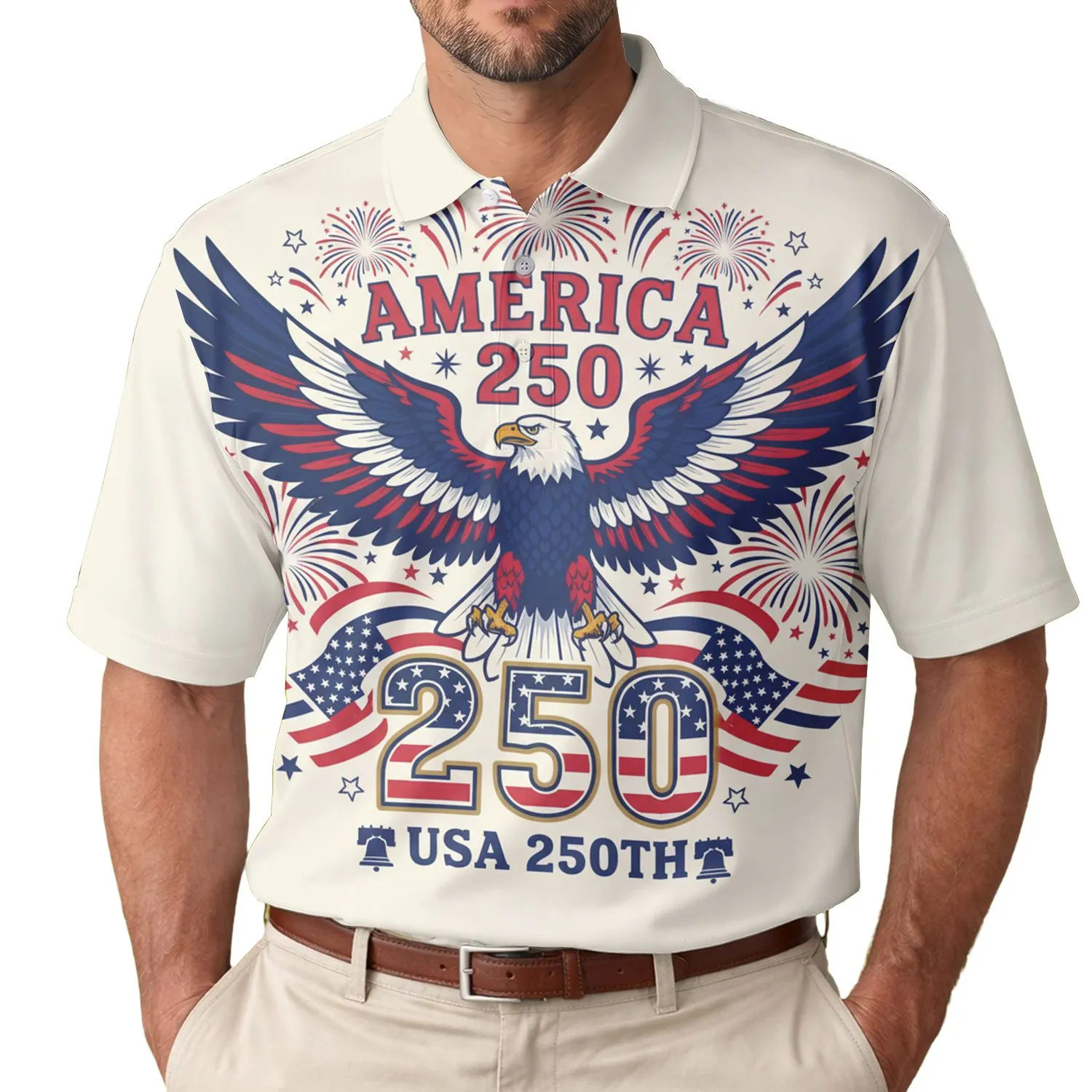 America 250th Birthday Patriotic Eagle Flag Tropical Fireworks Liberty Bell Design Men's Polo Shirt (Lightweight) - 1