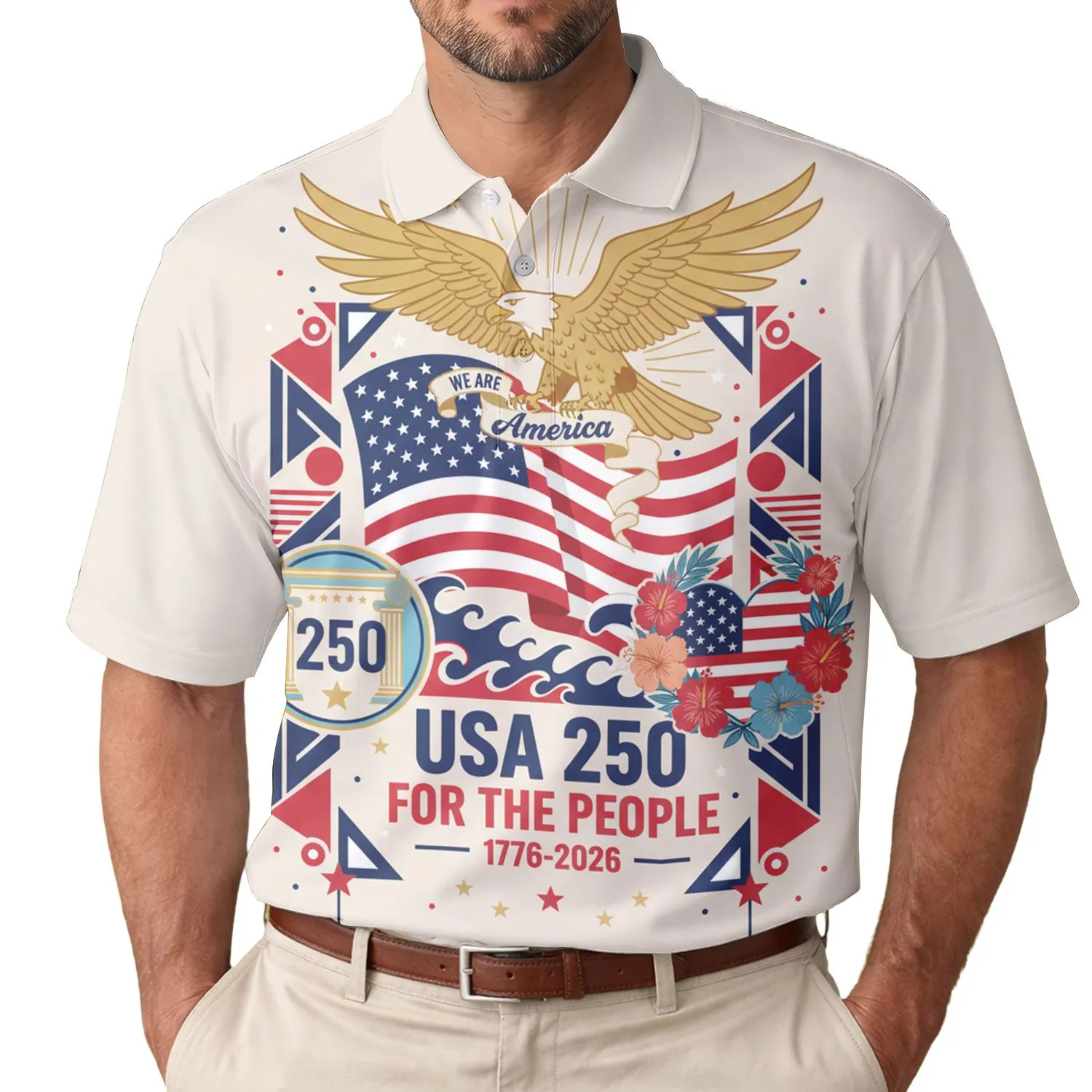 America 250th Birthday Golden Eagle Flag - USA 1776 Pillars Tropical Patriotic Men's Polo Shirt (Lightweight) - 1